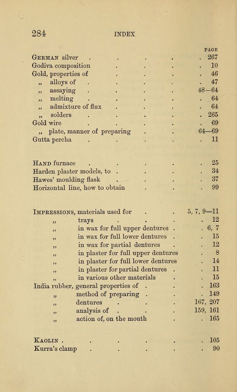 German silver Godiva composition Gold, properties of alloys of assaying melting admixture of flux solders Gold wire „ plate, manner of preparing Gutta percha PAGE 267 10 46 47 48—64 64 64 265 69 64—69 . 11 Hand furnace Harden x^laster models, to . Hawes' moulding flask Horizontal line, liow to obtain 25 34 37 99 Impressions, materials used for „ trays „ in wax for full upper dentures „ in wax for full lower dentures „ in wax for partial dentures „ in plaster for full upper dentures „ in plaster for full lower dentures „ in plaster for partial dentures „ in various other materials India rubber, general properties of . „ method of preparing . „ dentures „ analysis of „ action of, on the mouth 7, 9—11 12 6, 7 15 12 8 14 11 15 163 149 167, 207 159, 161 . 165 Kaolin . Kurra's clamp 105 90