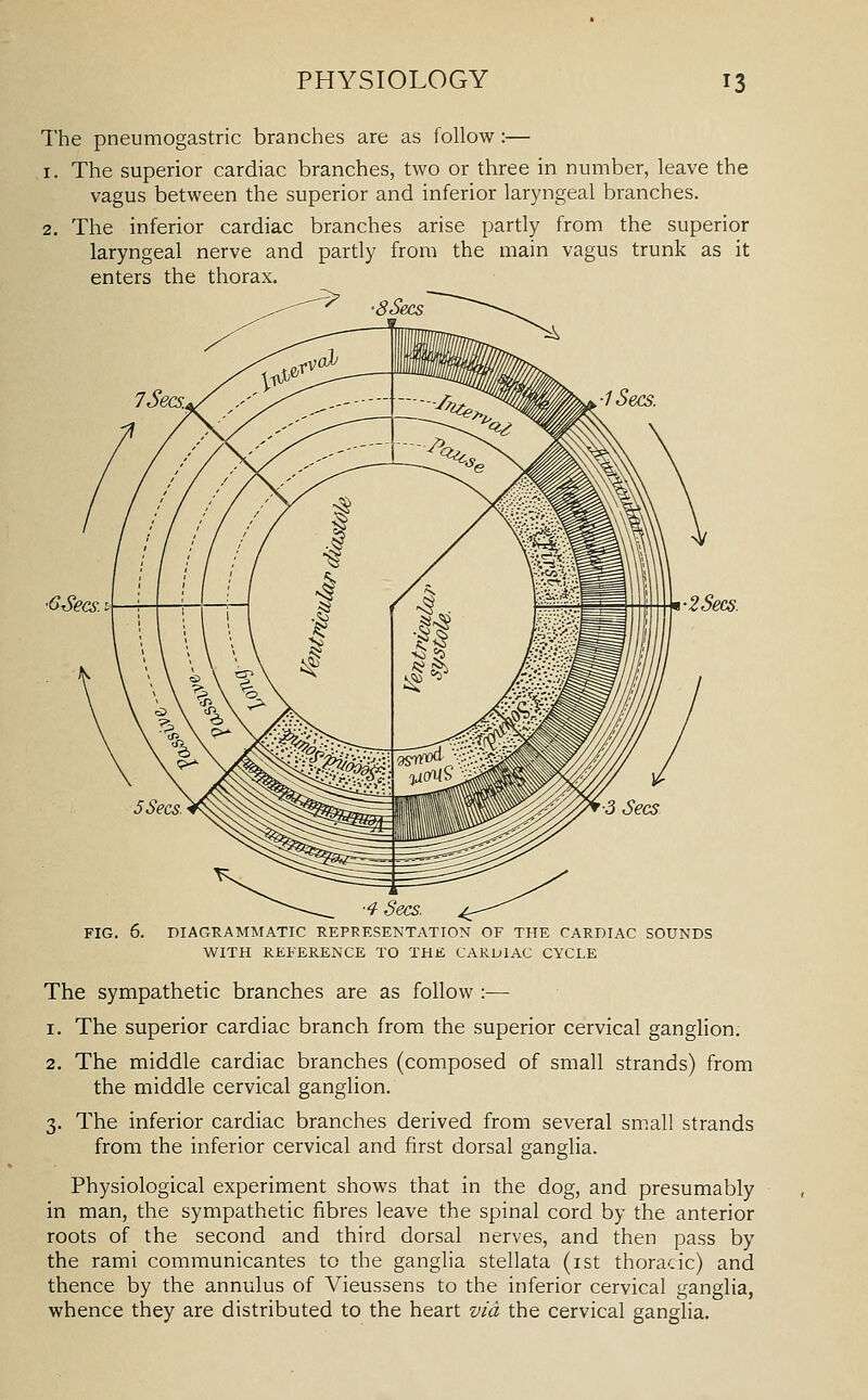 The pneumogastric branches are as follow:— 1. The superior cardiac branches, two or three in number, leave the vagus between the superior and inferior laryngeal branches. 2. The inferior cardiac branches arise partly from the superior laryngeal nerve and partly from the main vagus trunk as it enters the thorax. ^ -8 Sees ^ ■CSecs. I ZSecs. ■4 Sees. FIG. 6. DIAGRAMMATIC REPRESENTATION OF THE CARDIAC SOUNDS WITH REFERENCE TO THE CARDIAC CYCLE The sympathetic branches are as follow :— 1. The superior cardiac branch from the superior cervical ganglion. 2. The middle cardiac branches (composed of small strands) from the middle cervical ganglion. 3. The inferior cardiac branches derived from several small strands from the inferior cervical and first dorsal ganglia. Physiological experiment shows that in the dog, and presumably in man, the sympathetic fibres leave the spinal cord by the anterior roots of the second and third dorsal nerves, and then pass by the rami communicantes to the ganglia stellata (ist thoracic) and thence by the annulus of Vieussens to the inferior cervical ganglia, whence they are distributed to the heart via the cervical ganglia.
