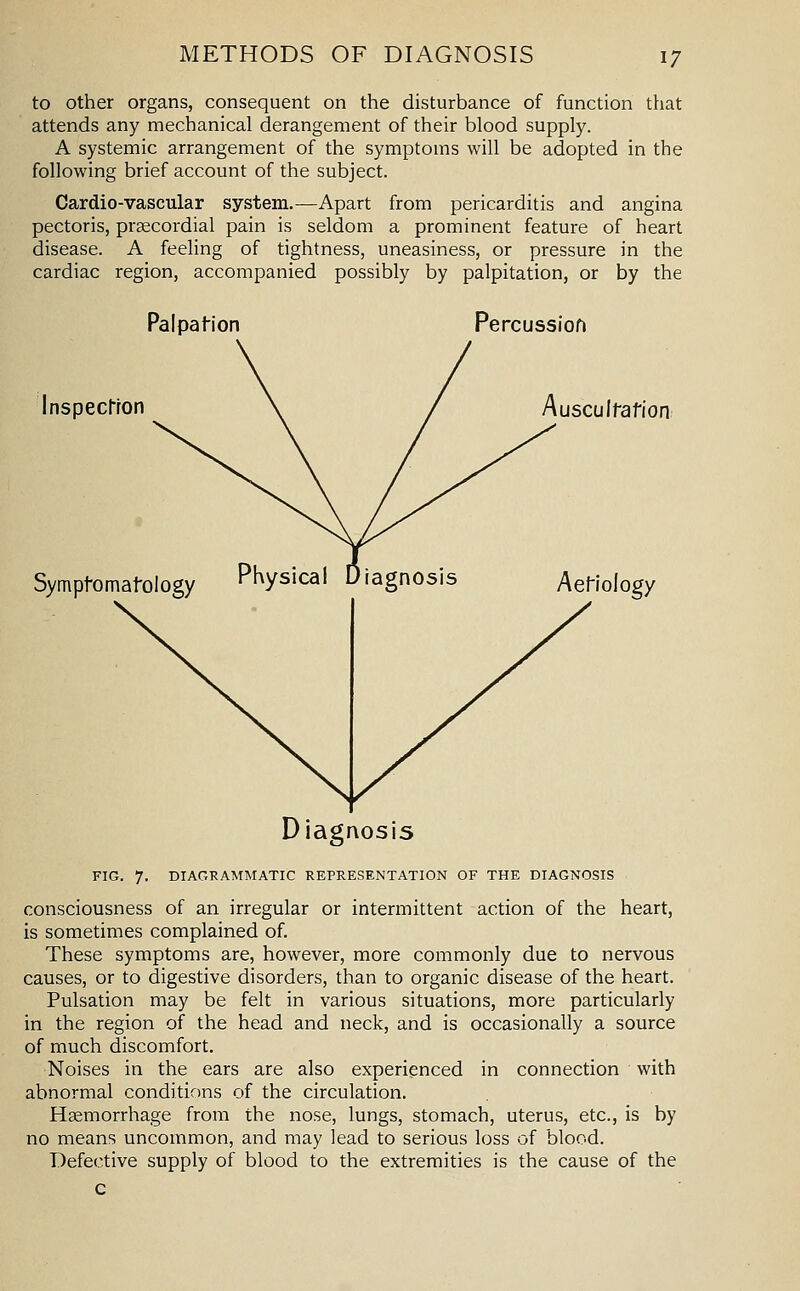 to other organs, consequent on the disturbance of function that attends any mechanical derangement of their blood supply. A systemic arrangement of the symptoms will be adopted in the following brief account of the subject. Cardio-vascular system.^—Apart from pericarditis and angina pectoris, prsecordial pain is seldom a prominent feature of heart disease. A feeling of tightness, uneasiness, or pressure in the cardiac region, accompanied possibly by palpitation, or by the Palpation Percussion lnspeclron Symptomatology Auscultation Aetiology Diagnosis FIG. 7. DIAGRAMMATIC REPRESENTATION OF THE DIAGNOSIS consciousness of an irregular or intermittent action of the heart, is sometimes complained of. These symptoms are, however, more commonly due to nervous causes, or to digestive disorders, than to organic disease of the heart. Pulsation may be felt in various situations, more particularly in the region of the head and neck, and is occasionally a source of much discomfort. Noises in the ears are also experienced in connection with abnormal conditions of the circulation. Hemorrhage from the nose, lungs, stomach, uterus, etc., is by no means uncommon, and may lead to serious loss of blood. Defective supply of blood to the extremities is the cause of the