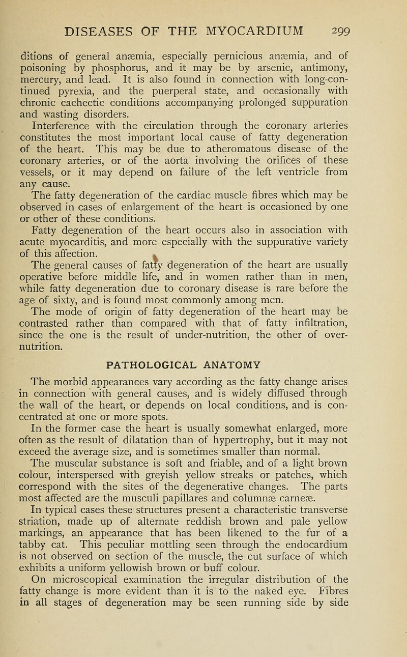 ditions of general ansemia, especially pernicious anaemia, and of poisoning by phosphorus, and it may be by arsenic, antimony, mercury, and lead. It is also found in connection with long-con- tinued pyrexia, and the puerperal state, and occasionally with chronic cachectic conditions accompanying prolonged suppuration and wasting disorders. Interference with the circulation through the coronary arteries constitutes the most important local cause of fatty degeneration of the heart. This may be due to atheromatous disease of the coronary arteries, or of the aorta involving the orifices of these vessels, or it may depend on failure of the left ventricle from any cause. The fatty degeneration of the cardiac muscle fibres which may be observed in cases of enlargement of the heart is occasioned by one or other of these conditions. Fatty degeneration of the heart occurs also in association with acute myocarditis, and more especially with the suppurative variety of this affection. a The general causes of fatty degeneration of the heart are usually operative before middle life, and in women rather than in men, while fatty degeneration due to coronary disease is rare before the age of sixty, and is found most commonly among men. The mode of origin of fatty degeneration of the heart may be contrasted rather than compared with that of fatty infiltration, since the one is the result of under-nutrition, the other of over- nutrition. PATHOLOGICAL ANATOMY The morbid appearances vary according as the fatty change arises in connection with general causes, and is widely diffused through the wall of the heart, or depends on local conditions, and is con- centrated at one or more spots. In the former case the heart is usually somewhat enlarged, more often as the result of dilatation than of hypertrophy, but it may not exceed the average size, and is sometimes smaller than normal. The muscular substance is soft and friable, and of a light brown colour, interspersed with greyish yellow streaks or patches, which correspond with the sites of the degenerative changes. The parts most affected are the musculi papillares and columns carnese. In typical cases these structures present a characteristic transverse striation, made up of alternate reddish brown and pale yellow markings, an appearance that has been likened to the fur of a tabby cat. This pecuhar mottling seen through the endocardium is not observed on section of the muscle, the cut surface of which exhibits a uniform yellowish brown or buff colour. On microscopical examination the irregular distribution of the fatty change is more evident than it is to the naked eye. Fibres in all stages of degeneration may be seen running side by side