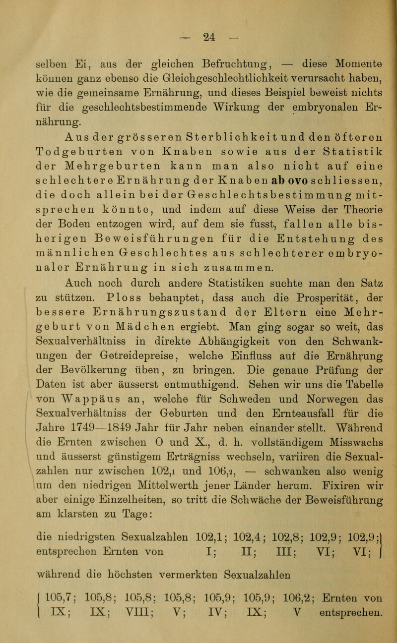 selben Ei, aus der gleichen Befruchtung, — diese Momente können ganz ebenso die Gleichgeschlechtlichkeit verursacht haben, wie die gemeinsame Ernährung, und dieses Beispiel beweist nichts für die geschlechtsbestimmende Wirkung der embryonalen Er- nährung. Aus der grösseren Sterblichkeit und den öfteren Todgeburten von Knaben sowie aus der Statistik der Mehrgeburten kann man also nicht auf eine schlechtere Ernährung der Knaben ab OVO seh Hessen, die doch allein bei der Geschlech tsbestim mung mit- sprechen könnte, und indem auf diese Weise der Theorie der Boden entzogen wird, auf dem sie fusst, fallen alle bis- herigen Beweisführungen für die Entstehung des männlichen Geschlechtes aus schlechterer embryo- naler Ernährung in sich zusammen. Auch noch durch andere Statistiken suchte man den Satz zu stützen. Ploss behauptet, dass auch die Prosperität, der bessere Ernährungszustand der Eltern eine Mehr- geburt von Mädchen ergiebt. Man ging sogar so weit, das Sexualverhältniss in direkte Abhängigkeit von den Schwank- ungen der Getreidepreise, welche Einfluss auf die Ernährung der Bevölkerung üben, zu bringen. Die genaue Prüfung der Daten ist aber äusserst entmuthigend. Sehen wir uns die Tabelle von Wappäus an, welche für Schweden und Norwegen das Sexualverhältniss der Geburten und den Ernteausfall für die Jahre 1749—1849 Jahr für Jahr neben einander stellt. Während die Ernten zwischen 0 und X., d. h. vollständigem Misswachs und äusserst günstigem Erträgniss wechseln, variiren die Sexual- zahlen nur zwischen 102,i und 106,2, — schwanken also wenig um den niedrigen Mittelwerth jener Länder herum. Fixiren wir aber einige Einzelheiten, so tritt die Schwäche der Beweisführung am klarsten zu Tage: die niedrigsten Sexualzahlen 102,1; 102,4; 102,8; 102,9; 102,9;) entsprechen Ernten von I; II; III; VI; VI; ] während die höchsten vermerkten Sexualzahlen j 105,7; 105,8; 105,8; 105,8; 105,9; 105,9; 106,2; Ernten von I IX; IX; VIII; V; IV; IX; V entsprechen.