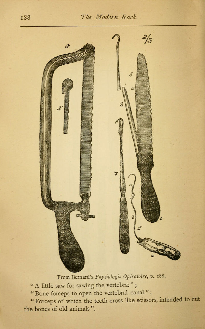 'i\\ . From Bernard's Physiologie Operatoire, p. 188.  A little saw for sawing the vertebrae  ;  Bone forceps to open the vertebral canal ; M Forceps of which the teeth cross like scissors, intended to cut the bones of old animals .