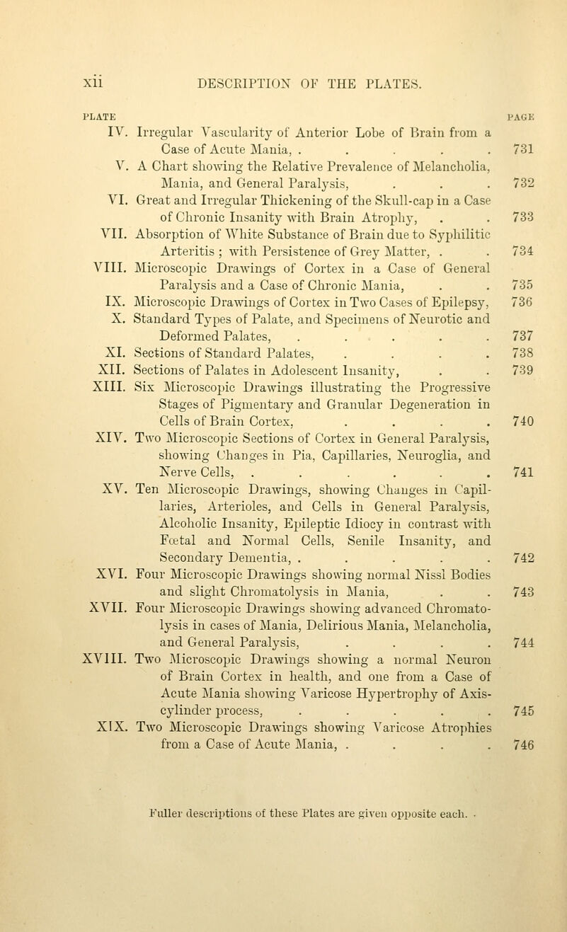 PLATE PACK IV. Irregular Vascularity of Anterior Lobe of Brain from a Case of Acute Mania, ..... 731 V. A Chart showing the Relative Prevalence of Melancholia, Mania, and General Paralysis, . . .732 VI. Great and Irregular Thickening of the Skull-cap in a Case of Chronic Insanity with Brain Atrophy, . . 733 VII, Absorption of White Substance of Brain due to Syphilitic Arteritis ; with Persistence of Grey Matter, . . 734 VIII. Microscopic Drawings of Cortex in a Case of General Paralysis and a Case of Chronic Mania, . . 735 IX. Microscopic Drawings of Cortex in Two Cases of Epilepsy, 736 X. Standard Tj^pes of Palate, and Specimens of Neurotic and Deformed Palates, ..... 737 XL Sections of Standard Palates, .... 738 XII. Sections of Palates in Adolescent Insanity, . . 739 XIII. Six Microscopic Drawings illustrating the Progressive Stages of Pigmentary and Granular Degeneration in Cells of Brain Cortex, . . . .740 XIV. Two Microscopic Sections of Cortex in General Paralysis, showing Changes in Pia, Capillaries, Neuroglia, and Nerve Cells, ...... 741 XV. Ten Microscopic Drawings, showing Changes in Capil- laries, Arterioles, and Cells in General Paralysis, Alcoholic Insanity, Epileptic Idiocy in contrast with Fcetal and Normal Cells, Senile Insanity, and Secondary Dementia, ..... 742 XVI. Four Microscopic Drawings showing normal Nissi Bodies and slight Chromatolysis in ]\Iania, . . 743 XVII. Four Microscopic Drawings showing advanced Chromato- lysis in cases of Mania, Delirious Mania, Melancholia, and General Paralysis, .... 744 XVIIL Two Microscopic Drawings showing a normal Neuron of Brain Cortex in health, and one from a Case of Acute Mania showing Varicose Hypertrophy of Axis- cylinder process, ..... 745 XIX. Two Microscopic Drawings showing A^aricose Ati'ophies from a Case of Acute ]\Iania, .... 746 Fuller descriptions of these Plates are given opposite each.