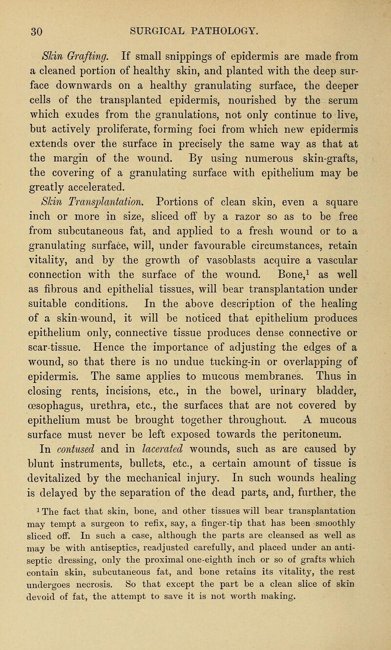 Skin Grafting. If small snippings of epidermis are made from a cleaned portion of healthy skin, and planted with the deep sur- face downwards on a healthy granulating surface, the deeper cells of the transplanted epidermis, nourished by the serum which exudes from the granulations, not only continue to live, but actively proliferate, forming foci from which new epidermis extends over the surface in precisely the same way as that at the margin of the wound. By using numerous skin-grafts, the covering of a granulating surface with epithelium may be greatly accelerated. Skin Transplantation. Portions of clean skin, even a square inch or more in size, sliced off by a razor so as to be free from subcutaneous fat, and applied to a fresh wound or to a granulating surface, will, under favourable circumstances, retain vitality, and by the growth of vasoblasts acquire a vascular connection with the surface of the wound. Bone,^ as well as fibrous and epithelial tissues, will bear transplantation under suitable conditions. In the above description of the healing of a skin-wound, it will be noticed that epithelium produces epithelium only, connective tissue produces dense connective or scar-tissue. Hence the importance of adjusting the edges of a wound, so that there is no undue tucking-in or overlapping of epidermis. The same applies to mucous membranes. Thus in closing rents, incisions, etc., in the bowel, urinary bladder, oesophagus, urethra, etc., the surfaces that are not covered by epithelium must be brought together throughout. A mucous surface must never be left exposed towards the peritoneum. In contused and in lacerated wounds, such as are caused by blunt instruments, bullets, etc., a certain amount of tissue is devitalized by the mechanical injury. In such wounds healing is delayed by the separation of the dead parts, and, further, the ^ The fact that skin, bone, and other tissues will bear transplantation may tempt a surgeon to refix, say, a finger-tip that has been smoothly sliced ofi^. Li such a case, although the parts are cleansed as well as may be with antiseptics, readjusted carefully, and placed under an anti- septic dressing, only the proximal one-eighth inch or so of grafts which contain skui, subciitaneous fat, and bone retains its vitality, the rest undergoes necrosis. So that except the part be a clean slice of skin devoid of fat, the attempt to save it is not worth m-aking.