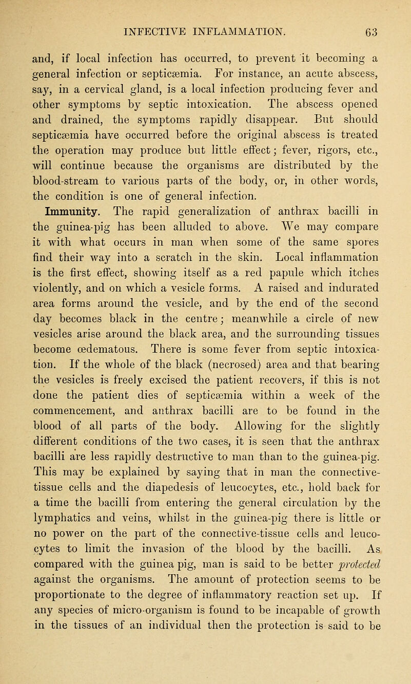 and, if local infection has occurred, to prevent it becoming a general infection or septicaemia. For instance, an acute abscess, say, in a cervical gland, is a local infection producing fever and other symptoms by septic intoxication. The abscess opened and drained, the symptoms rapidly disappear. But should septicaemia have occurred before the original abscess is treated the operation may produce but little effect; fever, rigors, etc., will continue because the organisms are distributed by the blood-stream to various parts of the body, or, in other words, the condition is one of general infection. Immunity. The rapid generalization of anthrax bacilli in the guinea-pig has been alluded to above. We may compare it with what occurs in man when some of the same spores find their way into a scratch in the skin. Local inflammation is the first effect, showing itself as a red papule which itches violently, and on which a vesicle forms. A raised and indurated area forms around the vesicle, and by the end of the second day becomes black in the centre; meanwhile a circle of new vesicles arise around the black area, and the surrounding tissues become oedematous. There is some fever from septic intoxica- tion. If the whole of the black (necrosed) area and that bearing the vesicles is freely excised the patient recovers, if this is not done the patient dies of septicaemia within a week of the commencement, and anthrax bacilli are to be found in the blood of all parts of the body. Allowing for the slightly different conditions of the two cases, it is seen that the anthrax bacilli are less rapidly destructive to man than to the guinea-pig. This may be explained by saying that in man the connective- tissue cells and the diapedesis of leucocytes, etc., hold back for a time the bacilli from entering the general circulation by the lymphatics and veins, whilst in the guinea-pig there is little or no power on the part of the connective-tissue cells and leuco- cytes to limit the invasion of the blood by the bacilli. As compared v/ith the guinea pig, man is said to be better protected against the organisms. The amount of protection seems to be proportionate to the degree of inflammatory reaction set up. If any species of micro-organism is found to be incapable of growth in the tissues of an individual then the protection is said to be