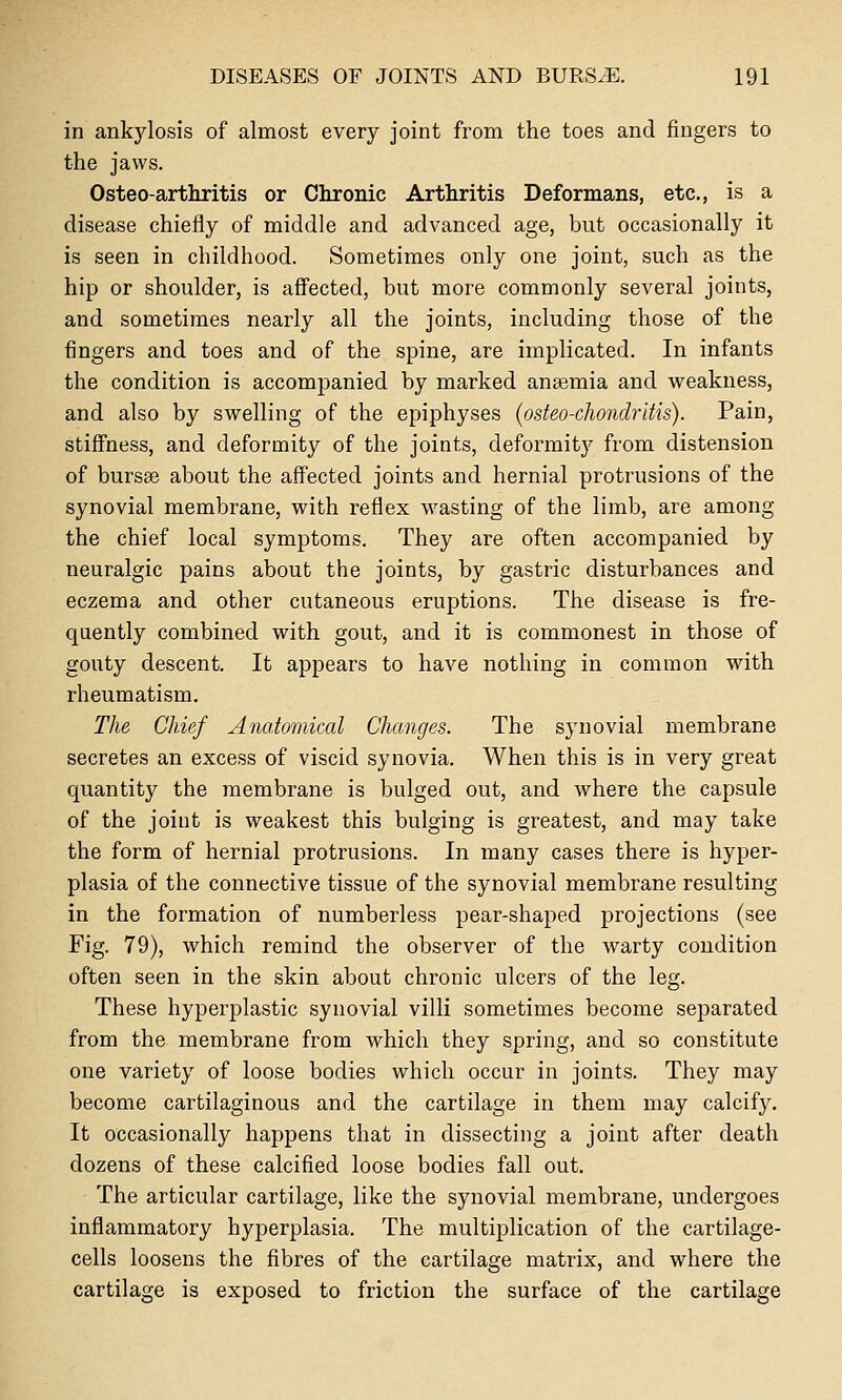 in ankylosis of almost every joint from the toes and fingers to the jaws. Osteo-arthritis or Chronic Arthritis Deformans, etc., is a disease chieiiy of middle and advanced age, but occasionally it is seen in childhood. Sometimes only one joint, such as the hip or shoulder, is affected, but more commonly several joints, and sometimes nearly all the joints, including those of the fingers and toes and of the spine, are implicated. In infants the condition is accompanied by marked anaemia and weakness, and also by swelling of the epiphyses (osteo-chondritis). Pain, stiffness, and deformity of the joints, deformity from distension of bursse about the affected joints and hernial protrusions of the synovial membrane, with reflex wasting of the limb, are among the chief local symptoms. They are often accompanied by neuralgic pains about the joints, by gastric disturbances and eczema and other cutaneous eruptions. The disease is fre- quently combined with gout, and it is commonest in those of gouty descent. It appears to have nothing in common with rheumatism. The Chief Anatomical Changes. The synovial membrane secretes an excess of viscid synovia. When this is in very great quantity the membrane is bulged out, and where the capsule of the joint is weakest this bulging is greatest, and may take the form of hernial protrusions. In many cases there is hyper- plasia of the connective tissue of the synovial membrane resulting in the formation of numberless pear-shaped projections (see Fig. 79), which remind the observer of the warty condition often seen in the skin about chronic ulcers of the leg. These hyperplastic synovial villi sometimes become separated from the membrane from which they spring, and so constitute one variety of loose bodies which occur in joints. They may become cartilaginous and the cartilage in them may calcify. It occasionally happens that in dissecting a joint after death dozens of these calcified loose bodies fall out. The articular cartilage, like the synovial membrane, undergoes inflammatory hyperplasia. The multiplication of the cartilage- cells loosens the fibres of the cartilage matrix, and where the cartilage is exposed to friction the surface of the cartilage