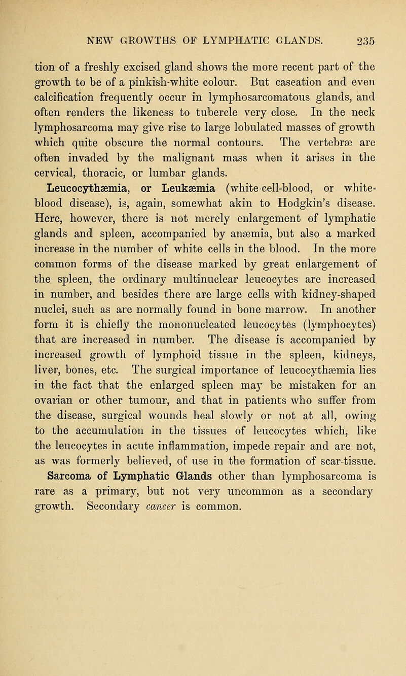 tion of a freshly excised gland shows the more recent part of the growth to be of a pinkish-white colour. But caseation and even calcification frequently occur in lymphosarcomatous glands, and often renders the likeness to tubercle very close. In the neck lymphosarcoma may give rise to large lobulated masses of growth which quite obscure the normal contours. The vertebrae are often invaded by the malignant mass when it arises in the cervical, thoracic, or lumbar glands. Leucocythaemia, or Leukaemia (white-cell-blood, or white- blood disease), is, again, somewhat akin to Hodgkin's disease. Here, however, there is not merely enlargement of lymphatic glands and spleen, accompanied by anaemia, but also a marked increase in the number of white cells in the blood. In the more common forms of the disease marked by great enlargement of the spleen, the ordinary multinuclear leucocytes are increased in number, and besides there are large cells with kidney-shaped nuclei, such as are normally found in bone marrow. In another form it is chiefly the mononucleated leucocytes (lymphocytes) that are increased in number. The disease is accompanied by increased growth of lymphoid tissue in the spleen, kidneys, liver, bones, etc. The surgical importance of leucocythaemia lies in the fact that the enlarged spleen may be mistaken for an ovarian or other tumour, and that in patients who suffer from the disease, surgical wounds heal slowly or not at all, owing to the accumulation in the tissues of leucocytes which, like the leucocytes in acute inflammation, impede repair and are not, as was formerly believed, of use in the formation of scar-tissue. Sarcoma of Lymphatic G-lands other than lymphosarcoma is rare as a primary, but not very uncommon as a secondary growth. Secondary cancer is common.