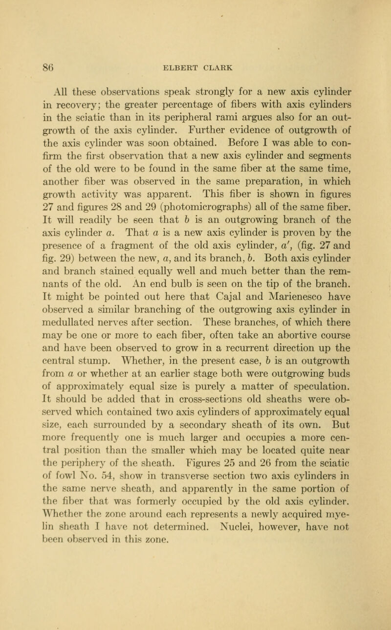 All these observations speak strongly for a new axis cylinder in recovery; the greater percentage of fibers with axis cylinders in the sciatic than in its peripheral rami argues also for an out- growth of the axis cylinder. Further evidence of outgrowth of the axis cjdinder was soon obtained. Before I was able to con- firm the first observation that a new axis cylinder and segments of the old were to be found in the same fiber at the same time, another fiber was observed in the same preparation, in which growth activity was apparent. This fiber is shown in figures 27 and figures 28 and 29 (photomicrographs) all of the same fiber. It will readily be seen that 6 is an outgrowing branch of the axis cylinder a. That a is a new axis cylinder is proven by the presence of a fragment of the old axis cylinder, a', (fig. 27 and fig. 29) between the new, a, and its branch, b. Both axis cylinder and branch stained equally well and much better than the rem- nants of the old. An end bulb is seen on the tip of the branch. It might be pointed out here that Cajal and Marienesco have observed a similar branching of the outgrowing axis cylinder in medullated nerves after section. These branches, of which there may be one or more to each fiber, often take an abortive course and have been observed to grow in a recurrent direction up the central stump. Whether, in the present case, b is an outgrowth from a or whether at an earher stage both were outgrowing buds of approximately equal size is purely a matter of speculation. It should be added that in cross-sections old sheaths were ob- served which contained two axis cyhnders of approximately equal size, each surrounded by a secondary sheath of its own. But more frequently one is much larger and occupies a more cen- tral position than the smaller which may be located quite near the periphery of the sheath. Figures 25 and 26 from the sciatic of fowl No. 54, show in transverse section two axis cylinders in the same nerve sheath, and apparently in the same portion of the fiber that was formerly occupied by the old axis cyUnder. WTiether the zone around each represents a newly acquired mye- lin sheath I have not determined. Nuclei, however, have not been observed in this zone.
