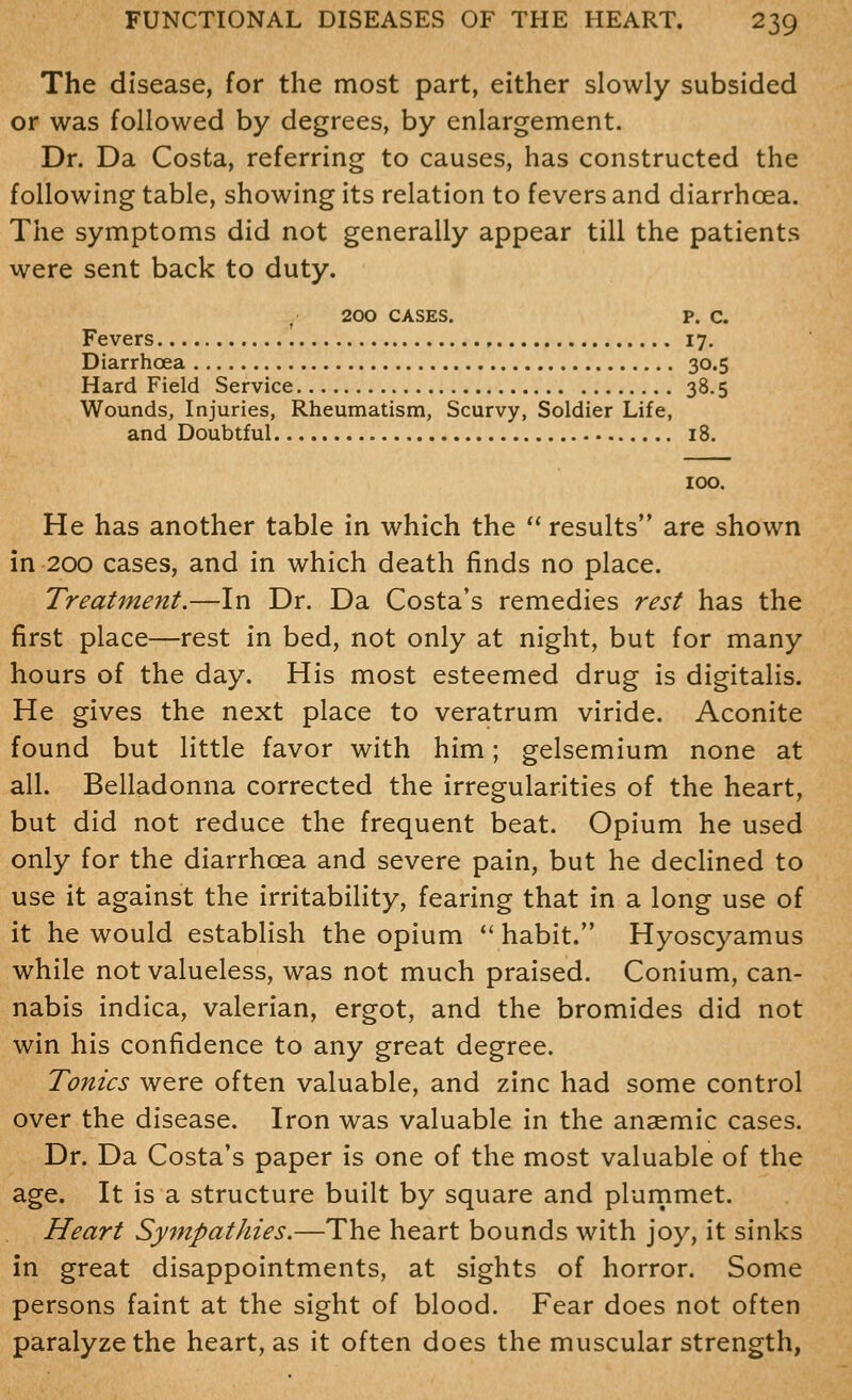The disease, for the most part, either slowly subsided or was followed by degrees, by enlargement. Dr. Da Costa, referring to causes, has constructed the following table, showing its relation to fevers and diarrhoea. The symptoms did not generally appear till the patients were sent back to duty. 200 CASES. p. c. Fevers \ , 17. Diarrhoea 30.5 Hard Field Service 38,5 Wounds, Injuries, Rheumatism, Scurvy, Soldier Life, and Doubtful 18. 100. He has another table in which the '^ results are shown in 200 cases, and in which death finds no place. Treatment.—In Dr. Da Costa's remedies rest has the first place—rest in bed, not only at night, but for many hours of the day. His most esteemed drug is digitalis. He gives the next place to veratrum viride. Aconite found but little favor with him; gelsemium none at all. Belladonna corrected the irregularities of the heart, but did not reduce the frequent beat. Opium he used only for the diarrhoea and severe pain, but he decHned to use it against the irritability, fearing that in a long use of it he would establish the opium  habit. Hyoscyamus while not valueless, was not much praised. Conium, can- nabis indica, valerian, ergot, and the bromides did not win his confidence to any great degree. Tonics were often valuable, and zinc had some control over the disease. Iron was valuable in the anaemic cases. Dr. Da Costa's paper is one of the most valuable of the age. It is a structure built by square and plurnmet. Heart Sympathies.—The heart bounds with joy, it sinks in great disappointments, at sights of horror. Some persons faint at the sight of blood. Fear does not often paralyze the heart, as it often does the muscular strength,