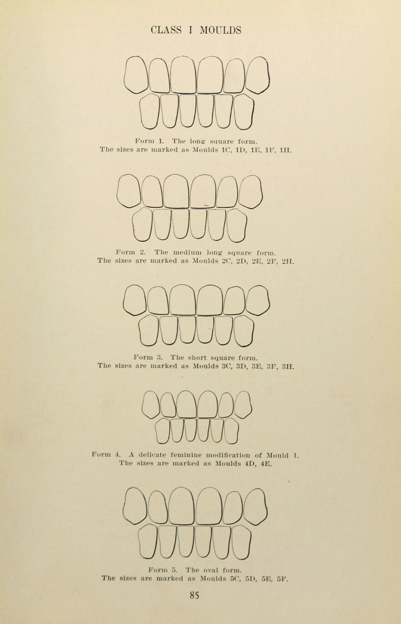Form 1. The long square form. The sizes are marked as Moulds IC, ID, IE. IF, IH. Form 2. The medium long square form. The sizes are marked as Moulds 2C, 2D, 2E, 2F, 211. Form :i. The short square form. The sizes are marked as Moulds 3C, 3D, 3E, 3F, 3H. Form 4. A delicate feminine modifloation of Munhl The sizes are marked as Moulds 4D, 4E. Form .>. 'I'hc ov;il furin. The sizes are marked !is Moulds 5(', ijl>, ijE, 5F