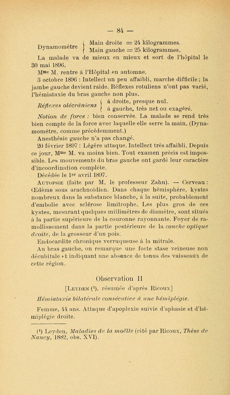 -fi Main di'oite = 24 kilogrammes. ^^ I Main gauche = 25 kilogrammes. La malade va de mieux en mieux et sort de l'hôpital le 30 mai 1896. M™e M. rentre à l'Hôpital en automne. 3 octobre 1896 : Intellect un peu affaibli, marche difficile ; la jambe gauche devient raide. Réflexes rotuliens n'ont pas varié, l'hémiataxie du bras gauche non plus. , . (à droite, presque nul. Réflexes olecraniens ] , i, j. . . , ■ ' ( a gauche, très net ou exagère. Notion de force : bien conservée. La malade se rend très bien compte de la force avec laquelle elle serre la main. (Dyna- momètre, comme précédemment.) Anesthésie gauche n'a pas changé. 20 février 1897 : Légère attaque. Intellect très affaibli. Depuis ce jour, M™e M. va moins bien. Tout examen précis est impos- sible. Les mouvements du bras gauche ont gardé leur caractère d'incoordination complète. Décédée le 1er avril 1897. Autopsie (faite par M. le professeur Zahn). — Cerveau : Œdème sous arachnoïdien. Dans chaque hémisphère, kystes nombreux dans la substance blanche, à la suite, probablement d'embolie avec sclérose limitrophe. Les plus gros de ces kystes, mesurant quelques millimètres de diamètre, sont situés à la partie supérieure de la couronne rayonnante. Foyer de ra- mollissement dans la partie postérieure de la couche optique droite, de la grosseur d'un pois. Endocardite chronique verruqueuse à la mitrale. Au bras gauche, on remarque une forte stase veineuse non décubitale «-t indiquant une absence de tonus des vaisseaux de cette région. Observation II [Leyden (}), résumée d'après Ricoux] Hémiataxie bilatérale consécutive à une hémiplégie. Femme, 44 ans. Attaque d'apoplexie suivie d'aphasie et d'hé- miplégie droite. (^) Leyden, Maladies de la moelle (cité par Ricoux, Thèse de Nancy, 1882, obs. XVI).