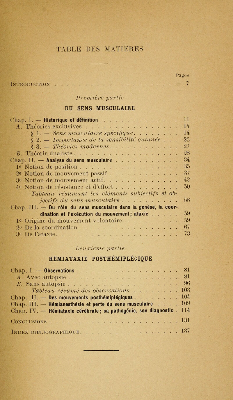 TABLE DES MATIERES Pages Introduction 7 Première parlie DU SENS MUSCULAIRE ('hap. 1. — Historique et définition 11 A. Théories exclusives 14 § 1. — Sens tn use II lai re spécifique 14 § 2. — Importance de la sensihjlité cuianée ... 23 I 3. — Théories modernes 27 B. Théorie dualiste 28 Chap. II. — Analyse du sens musculaire 34 lo Notion de position 35 2o Notion de mouvement passif 37 3» Notion de mouvement actif 42 4o Notion de résistance et d'effort 50 Tableau résumant les éléments subjectifs et ob- jectifs du sens m/usciilaire 58 Chap. III. — Du rôle du sens musculaire dans la genèse, la coor- dination et l'exécution du mouvement; ataxie 59 lo Origine du mouvement volontaire 59 2o De la coordination 67 30 De l'ataxie 73 Deuxième partie HÉMIATAXIE POSTHÉMIPLÉGIQUE Chap. I. — Observations 81 A. Avec autopsie 81 B. Sans autopsie 96 Tableau-résumé des observations 103 Chap. II. — Des mouvements posthémiplégiques 104 Chap. III. — Hémianesthésie et perte du sens musculaire .... 109 Chap. IV. — Hémiataxie cérébrale; sa pathogénie, son diagnostic . 114 CONCLTTSIONS 131 Index BinnioGRAPHiQUE 137