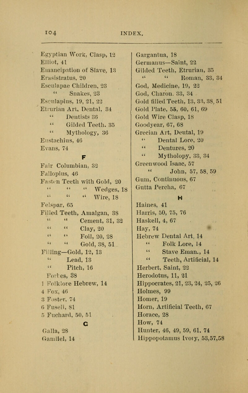 Egyptian Work, Clasp, 12 EJIiot, 41 Emancipation of Slave, 18 Erasistmtus, 20 Esculapae Children, 23  Snakes, 23 Esciilapius, 19, 21, 22 Etmrian Art, Dental, 34  Dentists 36 Gilded Teeth. 35  Mythology, 36 Enstachius, 46 Evans, 74 F Fair Colnmbian, 32 Fallopius, 46 Fasten Teeth with Gold, 20  Wedges, 18  Wire, 18 Felspar, 65 Filled Teeth, Amalgan, 38   Cement, 31, 32 Clay, 20   Foil, 20, 28 Gold, 38, 51 Filling—Gold, 12, 13  Lead, 13 Pitch, 16 Fortes, 38 1 Folklore Hebrew, 14 4 Fox, 46 3 Foster, 74 6 Fusel i, 81 5 Fiichard, 50, 51 C Galla, 28 Ganiliel, 14 Gargantua, 18 Germ anus—Saint, 22 Gilded Teeth, Etrurian, 35   Roman, 33, 34 God, Medicine, 19, 22 God, Charon. 33, 34 Gold filled Teeth, 13, 33, 38, 51 Gold Plate, 55, 60, 61, 69 Gold Wire Clasp, 18 Goodyear, 67, 68 Grecian Art, Dental, 19  Dental Lore, 20  Dentures, 20 Mytholopy, 33, 34 Greenwood Isaac, 57  John, 57, 58. 59 Gum, Continuous, 67 Gutta Percha, 67 H Haines, 41 Harris, 50, 75, 76 Haskell, 4, 67 Hay, 74 • Hebrew Dental Art, 14  Folk Lore, 14  Stave Eman., 14  Teeth, Artificial, 14 Herbert, Saint, 22 Herodotus, 11, 21 Hippocrates, 21, 23, 24, 25, 26 Holmes, 99 Homer, 19 Horn, Artificial Teeth, 67 Horace, 28 How, 74 Hunter, 46, 49, 59, 61, 74 Hippopotamus Ivoiy, 53,57,58