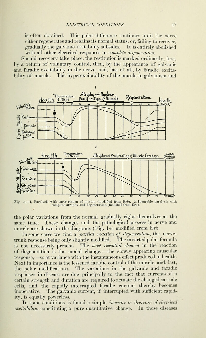 is often obtained. This polar difference continues until the nerve either regenerates and regains its normal status, or, failing to recover, gradually the galvanic irritability subsides. It is entirely abolished with all other electrical responses in complete degeneration. Should recovery take place, the restitution is marked ordinarily, first, by a return of voluntary control, then, by the appearance of galvanic and faradic excitability in the nerve, and, last of all, by faradic excita- bility of muscle. The hyperexcitability of the muscle to galvanism and Health gr'e froUf'era'tion.omuScIe l^eyacreLtioTu ^^^^^ Vol^^^motioK JO ji A VVeflc fleaitfl '^'r^T^r yltro^fiVan^f^ottf€rAnoaofniusfLe,arrlLasis p^^^ 'ol^'lTlotionl i L_._J I I \ I I I i I \ I I I id id 30 ^3 so w TO so 90 looytff^ Fig. 14.—1, Paralysis with early return of motion (modified from Erb). 2, Incurable paralysis with complete atrophy and degeneration (modified from Erb). the polar variations from the normal gradually right themselves at the same time. These changes and the pathological process in nerve and muscle are shown in the diagrams (Fig. 14) modified from Erb. In some cases we find a partial reaction of degeneration, the nerve- trunk response being only slightly modified. The inverted polar formula is not necessarily present. The most essential element in the reaction of degeneration is the modal change,—the slowly appearing muscular response,—so at variance with the instantaneous effect produced in health. Next in importance is the lessened faradic control of the muscle, and, last, the polar modifications. The variations in the galvanic and faradic responses in disease are due principally to the fact that currents of a certain strength and duration are required to actuate the changed sarcode cells, and the rapidly interrupted faradic current thereby becomes inoperative. The galvanic current, if interrupted with sufficient rapid- ity, is equally powerless. In some conditions is found a simple increase or decrease of electrical excitability, constituting a pure quantitative change. In those diseases