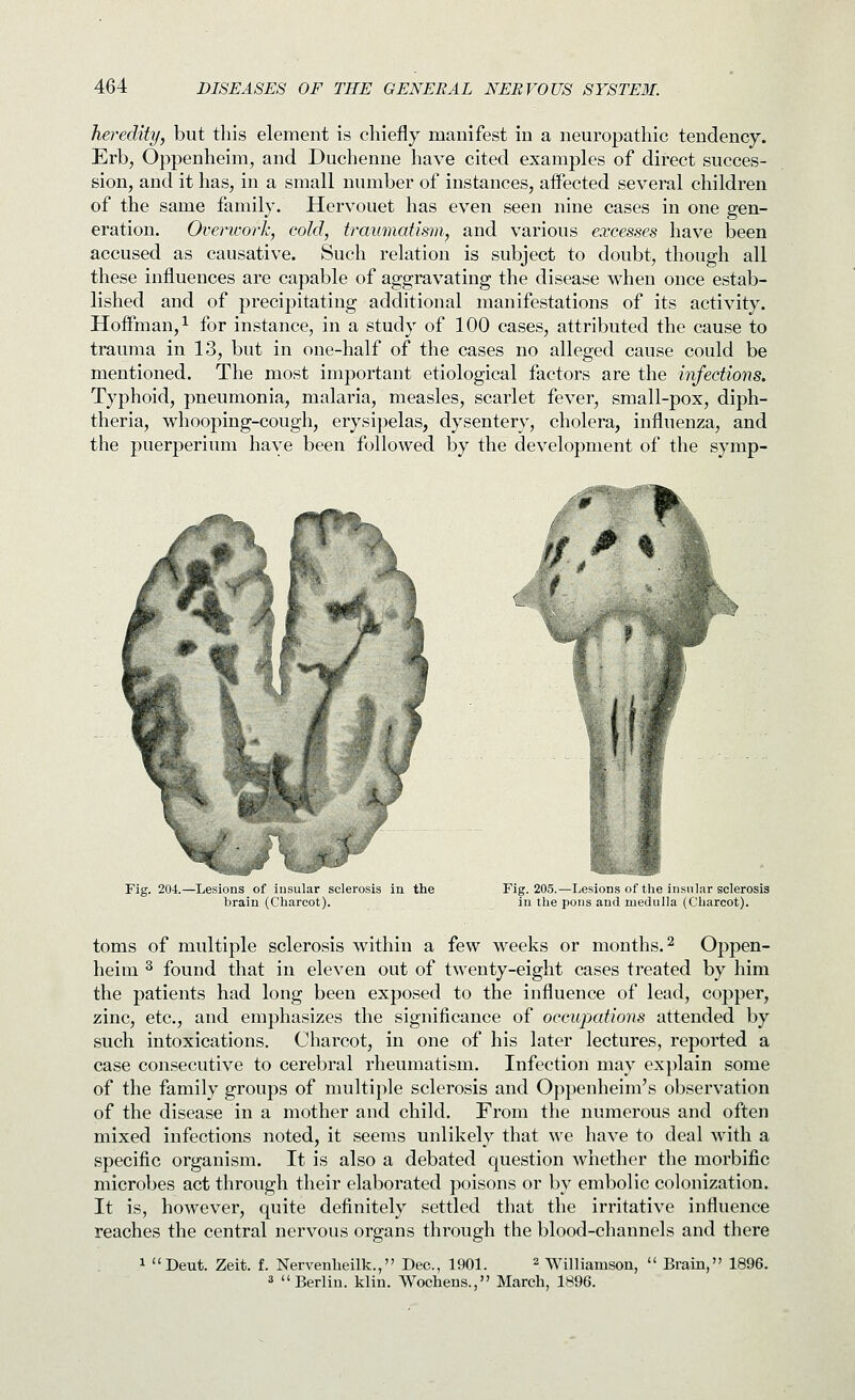 heredity, but this element is chiefly manifest in a neuropathic tendency. Erb, Oppenheim, and Duchenne have cited examples of direct succes- sion, and it has, in a small number of instances, affected several children of the same family. Hervouet has even seen nine cases in one gen- eration. Overwork, cold, traumatism, and various excesses have been accused as causative. Such relation is subject to doubt, though all these influences are capable of aggravating the disease when once estab- lished and of precipitating additional manifestations of its activity. Hoffman, 1 for instance, in a study of 100 cases, attributed the cause to trauma in 13, but in one-half of the cases no alleged cause could be mentioned. The most important etiological factors are the infections. Typhoid, pneumonia, malaria, measles, scarlet fever, small-pox, diph- theria, whooping-cough, erysipelas, dysentery, cholera, influenza, and the puerperium have been followed by the development of the symp- *>;?«*'' Fig. 204.—Lesions of insular sclerosis in the braiu (Charcot). Fig. 205.—Lesions (it the insular sclerosis in the pons and medulla (Charcot). toms of multiple sclerosis within a few weeks or months. ^ Oppen- heim ^ found that in eleven out of twenty-eight cases treated by him the patients had long been exposed to the influence of lead, copper, zinc, etc., and emphasizes the significance of occupatiojis attended by such intoxications. Charcot, in one of his later lectures, reported a case consecutive to cerebral rheumatism. Infection may explain some of the family groups of multiple sclerosis and Oppenheim's observation of the disease in a mother and child. From the numerous and often mixed infections noted, it seems unlikely that we have to deal with a specific organism. It is also a debated question whether the morbific microbes act through their elaborated poisons or by embolic colonization. It is, however, quite definitely settled that the irritative influence reaches the central nervous organs through the blood-channels and there 1 Deut. Zeit. f. Nervenlieilk., Dec, 1901. ^ Williamson,  Brain, 1896. « Berlin, klin. Wochens., March, 1896.