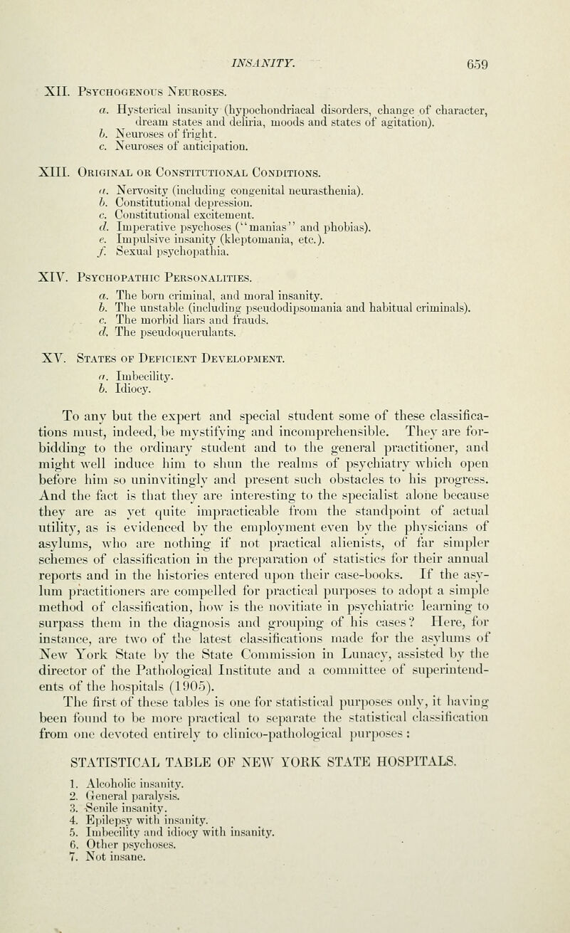 XII. PSYCHOGENOUS NEUROSES. a. Hysterical iusaDity (hypocliondriacal disorders, change of ctaracter, dream states and deliria, moods and states of agitation). h. Neuroses of fright. c. Neuroses of anticipation. XIII. Original or Constitutional Conditions. (I. Nervosity (iuchiding congenital neurasthenia). b. Constitutional depression. c. Constitutional excitement. d. Imperative psychoses (manias and phobias). e. Impulsive insanity (kleptomania, etc.). / Sexual psychopathia. XIV. Psychopathic Personalities. a. The born criminal, and moral insanity. b. The unstable (including pseudodipsomania and habitual criminals). c. The morbid liars and frauds. d. The pseudoquerulants. XV. States op Deficient Development. (1. Imbecility. b. Idiocy. To any but the expert and special student some of these classifica- tions must, indeed, be mystifying and incomprehensible. They are for- bidding to the ordinary student and to the general practitioner, and might well induce him to shun the realms of psychiatry which open before him so uninvitingly and present such obstacles to his progress. And the fact is that they are interesting to the specialist alone because they are as yet quite impracticable from the standpoint of actual utility, as is evidenced by the employment even by the physicians of asylums, who are nothing if not practical alienists, of far simpler schemes of classification in the preparation of statistics for their annual reports and in the histories entered upon their case-books. If the asy- lum practitioners are compelled for practical purposes to adopt a simple method of classification, how is the novitiate in psychiatric learning to surpass them in the diagnosis and grouping of his cases? Here, for instance, are two of the latest classifications made for the asylums of New York State by the State Commission in Lunacy, assisted by the director of the Pathological Institute and a committee of superintend- ents of the hospitals (1905). The first of these tables is one for statistical purposes only, it having been found to be more practical to separate the statistical classification from one devoted entirely to cHnico-pathological purposes : STATISTICAL TABLE OF NEW YORK STATE HOSPITALS. 1. Alcoholic insanity. 2. General paralysis. 3. -Senile insanity. 4. Epilepsy with insanity. 5. Imbecility and idiocy with insanity. 6. Other psychoses. 7. Not insane.