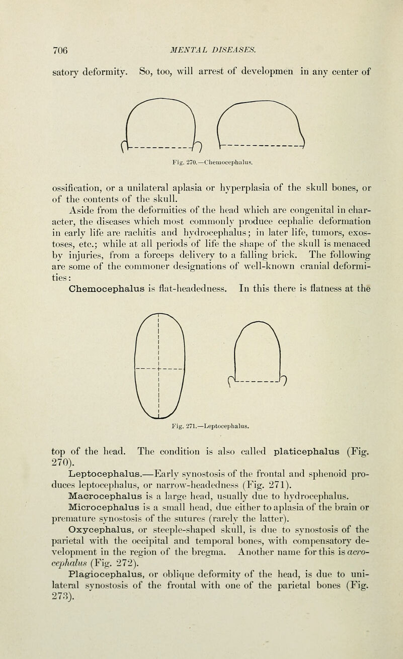 satory deformity. So, too, will arrest of developmen in any center of Fig. 270.—Cbeinocephalus. ossification, or a unilateral aplasia or hyperplasia of the skull bones, or of the contents of the skull. Aside from the deformities of the head which are congenital in char- acter, the diseases which most commonly produce cephalic deformation in early life are rachitis and hydrocephalus; in later life, tumors, exos- toses, etc.; while at all periods of life the shape of the skull is menaced by injuries, from a forceps delivery to a falling brick. The following are some of the commoner designations of well-known cranial deformi- ties: Chemocephalus is flat-headedness. In this there is flatness at the (H. 9 Fig. 271.—Leptocephalus. top of the head. The condition is also called platicephalus (Fig. 270). Leptocephalus.—Early synostosis of the frontal and sphenoid pro- duces leptocephalus, or narrow-headedness (Fig. 271). Macrocephalus is a large head, usually due to hydrocephalus. Microcephalus is a small head, due either to aplasia of the brain or premature synostosis of the sutures (rarely the latter). Oxycephalus, or steeple-shaped skull, is due to synostosis of the parietal with the occipital and temporal bones, with compensatory de- velopment in the region of the bregma. Another name for this is acro- cephalus (Fig. 272). Plag-iocephalus, or oblique deformity of the head, is due to uni- lateral synostosis of the frontal with one of the parietal bones (Fig. 273).