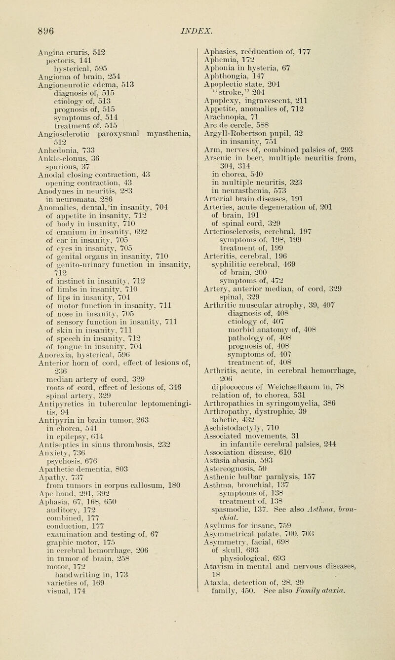 Angina cruris, 512 pectoris, 141 hysterical, 595 Angioma of brain, 254 Angioneurotic edema, 513 diagnosis of, 515 etiology of, 513 prognosis of, 515 symptoms of, 514 treatment of, 515 Angiosclerotic paroxysmal myasthenia, 512 Anhedonia, 733 Ankle-clonus, 36 spurious, 37 Anodal closing contraction, 43 opening contraction, 43 Anodynes in neuritis, 283 in neuromata, 286 Anomalies, dental, in insanity, 704 of appetite in insanity, 712 of body in insanity, 710 of cranium in insanity, 692 of ear in insanity, 705 of eyes in insanity, 705 of genital organs in, insanity, 710 of uenito-urinary function in insanity, 712 of instinct in insanity, 712 of limbs in insanity, 710 of lips in insanity, 704 of motor function in insanity, 711 of nose in insanity, 705 of sensory function in insanity, 711 of skin in insanity, 711 of speech in insanity, 712 of tongue in insanity, 704 Anorexia, hysterical, 596 Anterior horn of cord, effect of lesions of, 236 median artery of cord, 329 roots of cord, effect of lesions of, 346 spinal artery, 329 Antipyretics in tubercular leptomeningi- tis, 94 Antipyrin in brain tumor, 263 in chorea, 541 in epilepsy, 614 AntiseiJtics in sinus thrombosis, 232 Anxiety, 736 psychosis, 676 Apathetic dementia, 803 Apathy, 737 from tumors in corpus callosum, 180 Ape hand, 291, 392 Aphasia, 67, 168, 650 auditory, 172 combined, 177 conduction, 177 examination and testing of, 67 graphic motor, 175 in cerebral hemorrhage, 206 in tumor of brain, 258 motor, 172 handwriting in, 173 varieties of, 169 visual, 174 Aphasics, reeducation of, 177 Aphemia, 172 Aphonia in hysteria, 67 Aphthongia, 147 Apoplectic state, 204 stroke, 204 Apoplexy, ingravescent, 211 Appetite, anomalies of, 712 Arachnopia, 71 Arc de cercle, 588 Argyll-Eobertson pupil, 32 in insanity, 751 Arm, nerves of, combined palsies of, 293 Arsenic in beer, multiple neuritis from, 304, 314 in chorea, 540 in multiple neuritis, 323 in neurasthenia, 573 Arterial brain diseases, 191 Arteries, acute degeneration of, 201 of brain, 191 of spinal cord, 329 Arteriosclerosis, cerebral, 197 symptoms of, 198, 199 treatment of, 199 Arteritis, cerebral, 196 syphilitic cerebral, 469 of brain, 200 symptoms of, 472 Artery, anterior median, of cord, 329 spinal, 329 Arthritic muscular atroph}', 39, 407 diagnosis of, 408 etiology of, 407 morbid anatomy of, 408 pathology of, 408 prognosis of, 408 symptoms of, 407 treatment of, 408 Arthritis, acute, in cerebral hemorrhage, 206 diplococcus of M'^eichselbaum in, 78 relation of, to chorea, 531 Arthropathies in syringomyelia, 386 Arthropathy, dystrophic,- 39 tabetic, 432 Aschistodactyly, 710 Associated movements, 31 in infantile cerebral palsies, 244 Association disease, 610 Astasia abasia, 593 Astereognosis, 50 Asthenic bulbar paralysis, 157 Asthma, bronchial, 137 symptoms of, 138 treatment of, 138 spasmodic, 137. See also Asthma, bron- chial. Asylums for insane, 759 Asymmetrical palate, 700, 703 Asymmetry, facial, 698 of skull.' 693 physiological, 693 Atavism in mental and nervous diseases, 18 . Ataxia, detection of, 28, 29 family, 450. See also Family ataxia.