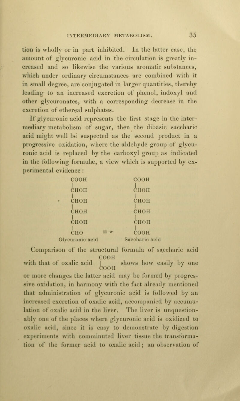 tion is wholly or in part inhibited. In the latter case, the amount of glycuronic acid in the circulation is greatly in- creased and so likewise the various aromatic substances, which under ordinary circumstances are combined with it in small degree, are conjugated in larger quantities, thereby leading to an increased excretion of phenol, indoxyl and other glycuronates, with a corresponding decrease in the excretion of ethereal sulphates. If glycuronic acid represents the first stage in the inter- mediary metabolism of sugar, then the dibasic saccharic acid might well be suspected as the second product in a progressive oxidation, where the aldehyde group of glycu- ronic acid is replaced by the carboxyl group as indicated in the following formula?, a view which is supported by ex- perimental evidence : COOH COOH I I CHOH CHOH I I CHOH CHOH I I CHOH CHOH I I CHOH CHOH I I CHO ■-* COOH Glycuronic acid Saccharic acid Comparison of the structural formula of saccharic acid COOH with that of oxalic acid shows how easily by one COOH or more changes the latter acid may be funned by progres- sive oxidation, in harmony with the fact already mentioned that administration of glycuronic acid is followed by an increased excretion of oxalic acid, accompanied by accumu- lation of oxalic acid in the liver. The liver is unquestion- ably one of the places where glycuronic. acid is oxidized to oxalic acid, since it is easy to demonstrate by digestion experiments with comminuted liver tissue the transforma- tion of the former acid to oxalic acid ; an observation of