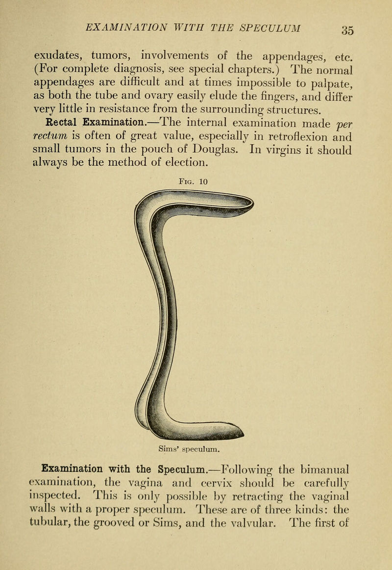 exudates, tumors, involvements of the appendages, etc. (For complete diagnosis, see special chapters.) The normal appendages are difficult and at times impossible to palpate, as both the tube and ovary easily elude the fingers, and differ very little in resistance from the surrounding structures. Rectal Examination.—The internal examination made per rectum is often of great value, especially in retroflexion and small tumors in the pouch of Douglas. In virgins it should always be the method of election. Fig. 10 Sims' speculum. Examination with the Speculum.—Following the bimanual examination, the vagina and cervix should be carefully inspected. This is only possil)le by retracting the vaginal walls with a proper speculum. These are of three kinds: the tubular, the grooved or Sims, and the valvular. The first of