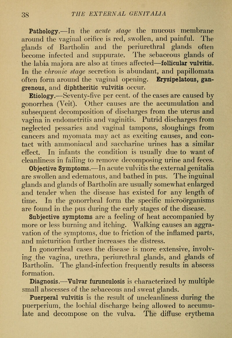 Pathology.—In the acute stage the mucous membrane around the vaginal orifice is red, swollen, and painful. The glands of Bartholin and the periurethral glands often become infected and suppurate. The sebaceous glands of the labia majora are also at times affected—follicular vulvitis. In the chronic stage secretion is abundant, and papillomata often form around the vaginal opening. Erysipelatous, gan- grenous, and diphtheritic vulvitis occur. Etiology.—Seventy-five per cent, of the cases are caused by gonorrhea (Veit). Other causes are the accumulation and subsequent decomposition of discharges from the uterus and vagina in endometritis and vaginitis. Putrid discharges from neglected pessaries and vaginal tampons, sloughings from cancers and myomata may act as exciting causes, and con- tact with ammoniacal and saccharine urines has a similar effect. In infants the condition is usually due to want of cleanliness in failing to remove decomposing urine and feces. Objective Symptoms.—In acute vulvitis the external genitalia are swollen and edematous, and bathed in pus. The inguinal glands and glands of Bartholin are usually somewhat enlarged and tender when the disease has existed for any length of time. In the gonorrheal form the specific microorganisms are found in the pus during the early stages of the disease. Subjective symptoms are a feeling of heat accompanied by more or less burning and itching. Walking causes an aggra- vation of the symptoms, due to friction of the inflamed parts, and micturition further increases the distress. In gonorrheal cases the disease is more extensive, involv- ing the vagina, urethra, periurethral glands, and glands of Bartholin. The gland-infection frequently results in abscess formation. Diagnosis.—Vulvar furunculosis is characterized by multiple small abscesses of the sebaceous and sweat glands. Puerperal vulvitis is the result of uncleanliness during the puerperium, the lochial discharge being allowed to accumu- late and decompose on the vulva. The diffuse erythema