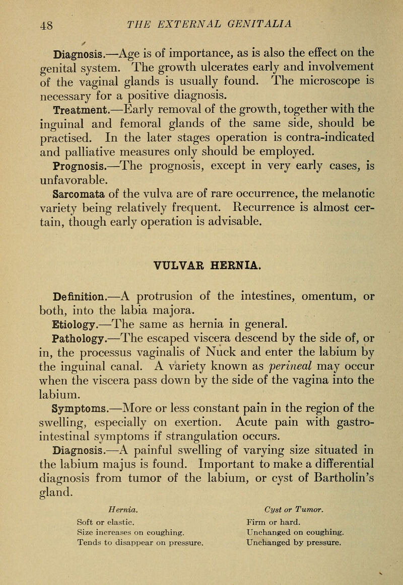 Diagnosis.—Age is of importance, as is also the effect on the genital system. The growth ulcerates early and involvement of the vaginal glands is usually found. The microscope is necessary for a positive diagnosis. Treatment.—Early removal of the growth, together with the inguinal and femoral glands of the same side, should be practised. In the later stages operation is contra-indicated and palliative measures only should be employed. Prognosis.—^The prognosis, except in very early cases, is unfavorable. Sarcomata of the vulva are of rare occurrence, the melanotic variety being relatively frequent. Recurrence is almost cer- tain, though early operation is advisable. VULVAR HERNIA. Definition.—A protrusion of the intestines, omentum, or both, into the labia majora. Etiology.—The same as hernia in general. Pathology.—The escaped viscera descend by the side of, or in, the processus vaginalis of Nuck and enter the labium by the inguinal canal. A variety known as ^perineal may occur when the viscera pass down by the side of the vagina into the labium. Symptoms.—More or less constant pain in the region of the swelling, especially on exertion. Acute pain with gastro- intestinal symptoms if strangulation occurs. Diagnosis.—A painful swelling of varying size situated in the labium majus is found. Important to make a differential diagnosis from tumor of the labium, or cyst of Bartholin's gland. Hernia. Cyst or Tumor. Soft or elastic. Firm or hard. Size increases on coughing. Unchanged on coughing. Tends to disappear on pressure. Unchanged by pressure.