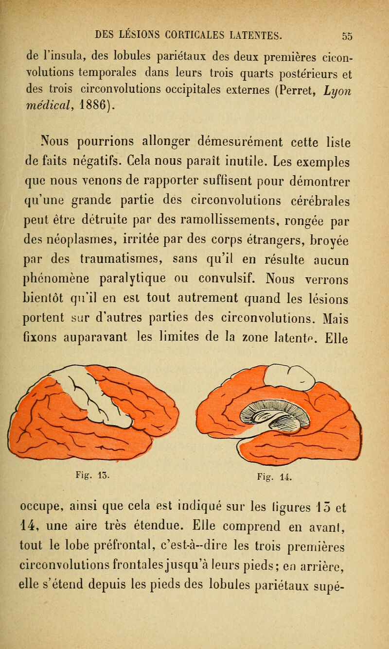 de l'insula, des lobules pariétaux des deux premières cicon- volutions temporales dans leurs trois quarts poste'rieurs et des trois circonvolutions occipitales externes (Perret, Lyon médical, 1886). Nous pourrions allonger démesurément cette liste de faits négatifs. Cela nous paraît inutile. Les exemples que nous venons de rapporter suffisent pour démontrer qu'une grande partie des circonvolutions cérébrales peut être détruite par des ramollissements, rongée par des néoplasmes, irritée par des corps étrangers, broyée par des traumatismes, sans qu'il en résulte aucun phénomène paralytique ou convulsif. Nous verrons bientôt qu'il en est tout autrement quand les lésions portent sur d'autres parties des circonvolutions. Mais fixons auparavant les limites de la zone latente. Elle Fig. 13. Fier. 14. occupe, ainsi que cela est indiqué sur les ligures 15 et 14, une aire très étendue. Elle comprend en avant, tout le lobe préfrontal, c'est-à-dire les trois premières circonvolutions frontales jusqu'à leurs pieds; en arrière, elle s'étend depuis les pieds des lobules pariétaux supé-