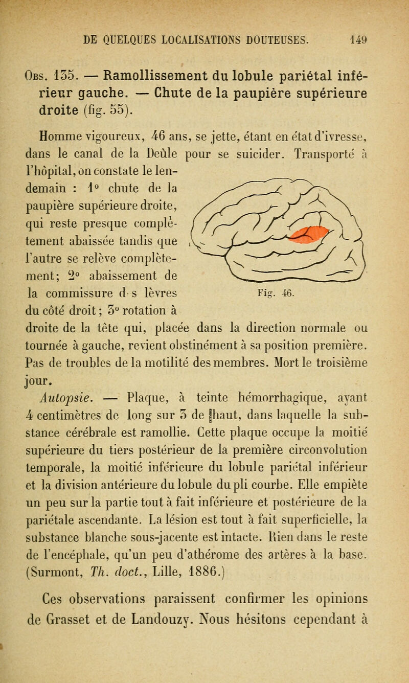 Fig. 46. Obs. 155. — Ramollissement du lobule pariétal infé- rieur gauche. — Chute de la paupière supérieure droite (fig. 55). Homme vigoureux, 46 ans, se jette, étant en état d'ivresse, dans le canal de la Deùle pour se suicider. Transporté à l'hôpital, on constate le len- demain : 1° chute de la paupière supérieure droite, qui reste presque complè- tement abaissée tandis que l'autre se relève complète- ment; 2° abaissement de la commissure d s lèvres du côté droit ; o° rotation à droite de la tète qui, placée dans la direction normale ou tournée à gauche, revient obstinément à sa position première. Pas de troubles delamotilité des membres. Mort le troisième jour. Autopsie. — Plaque, à teinte hémorrhagïque, ayant A centimètres de long sur 5 de [haut, dans laquelle la sub- stance cérébrale est ramollie. Cette plaque occupe la moitié supérieure du tiers postérieur de la première circonvolution temporale, la moitié inférieure du lobule pariétal inférieur et la division antérieure du lobule du pli courbe. Elle empiète un peu sur la partie tout à fait inférieure et postérieure de la pariétale ascendante. La lésion est tout à fait superficielle, la substance blanche sous-jacente est intacte. Rien clans le reste de l'encéphale, qu'un peu d'athérome des artères à la base. (Surmont, Th. doct., Lille, 1886.) Ces observations paraissent confirmer les opinions de Grasset et de Landouzy. Nous hésitons cependant à