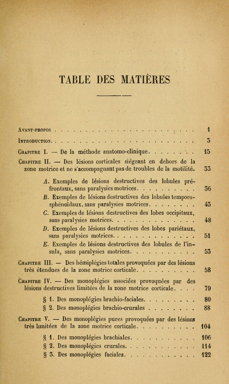 TABLE DES MATIÈRES Avant-propos 1 Introduction 3 Chapitre I. — De la méthode anatomo-clinique : . 15 Chapitre IL — Des lésions corticales siégeant en dehors de la zone motrice et ne s'accompagnant pas de troubles de la motilité. 33 A. Exemples de lésions destructives des lobules pré- frontaux, sans paralysies motrices 36 B. Exemples de lésions destructives des lobules temporo- sphénoïdaux, sans paralysies motrices 43 C. Exemples de lésions destructives des lobes occipitaux, sans paralysies motrices 48 D. Exemples de lésions destructives des lobes pariétaux, sans paralysies motrices 51 E. Exemples de lésions destructives des lobules de l'in- sula, sans paralysies motrices : . 53 Chapitre III. — Des hémiplégies totales provoquées par des lésions très étendues de la zone motrice corticale 58 Chapitre IV. — Des monoplégies associées provoquées par des lésions destructives limitées de la zone motrice corticale. ... 79 § 1. Des monoplégies brachio-faciales 80 § 2. Des monoplégies brachio-crurales 88 Chapitre V. — Des monoplégies pures provoquées par des lésions très limitées de la zone motrice corticale 104 § 1. Des monoplégies brachiales 106 § 2. Des monoplégies crurales 114 § 3. Des monoplégies faciales 122