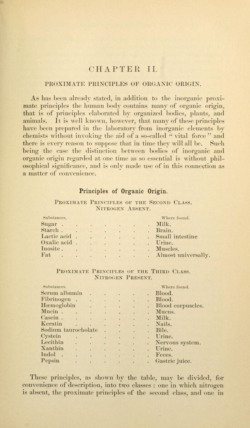 CHAPTER II. PROXIMATE PRINCIPLES OF ORGANIC ORIGIN. As has been already stated, in addition to the inorganic proxi- mate principles the human body contains many of organic origin, that is of principles elaborated by organized l)odies, plants, and animals. It is well known, however, that many of these principles have been prepared in the laboratory from inorganic elements by chemists without invoking the aid of a so-called  vital force  and there is every reason to suppose that in time they will all be. Such being the case the distinction between bodies of inorganic and organic origin regarded at one time as so essential is without j)hil- osophical significance, and is only made use of in this connection as a matter of convenience. Principles of Organic Origin. Proximate Principles of the Second Class. Nitrogen Absent. Substances. Where fuuiul. Sugar ..... . Milk. Starch ..... Brain. liactic acid .... Small intestine Oxalic acid .... Urine. luosite ..... . Muscles. Fat . Almost universally Proximate Principles of the Third Class. Nitrogen Present. Substauces. Serum albumin Fibrinogen . Haemoglobin Mucin . Casein . Keratin Sodium taurocholate Cystein Lecithin Xanthin Indol . Pepsin Where found. Blood. Blood. Blood corpuscles. Mucus. Milk. Nails. Bile. L'rine. Nervous sj^stem. Urine. Feces. Gastric juice. These principles, as shown by the table, may be divided, for convenience of description, into two classes : one in which nitrogen is absent, the proximate principles of the second class, and one in