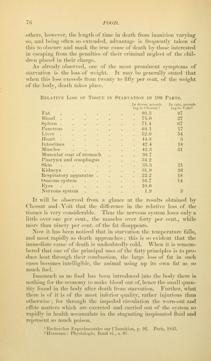 others, however, the length of time in death from inanition varying so, and being often so extended, advantage is frequently taken of this to obscure and mask the true cause of death by those interested in escaping from the penalties of their criminal neglect of the cliil- dren placed in their charge. As already observed, one of tlie most prominent symptoms of starvation is the loss of weight. It may be generally stated that when this loss exceeds from twenty to fifty per cent, of the weight of the body, death takes ^^lace. In doves, accord- In cats, accord- ing to Chossat.i ing to Voit.2 . 93.3 97 . 75.0 27 . 71.4 67 . 64.1 17 . 52.0 54 . 44.8 3 . 42.4 18 . 42.3 31 . 39.7 . 34.2 . 33.3 21 . 31.9 26 22.2 18 . 16.7 14 . 10.0 1.9 3 Eelative Loss of Tissue in Starvatiox ix 100 Parts. Fat Blood Spleen ...... Pancreas ..... Liver ...... Heart ...... Intestines ..... Muscles . . . . , Muscular coat of stomach Pharynx and oesophagus Skin Kidneys ..... Respiratory apparatus . Osseous system .... Ej'es ...... Nervous sj-^stem .... It will be observed from a ghtnce at the results obtained by Cho.ssat and Voit that the ditference in the relative loss of the tissues is very considerable. Tlius the nervous system loses only a little over one per cent., the muscles over forty per cent., while more than ninety per cent, of the fat disappears. Xow it has lieen noticed that in starvation the temperature falls, and most rapidly as deatli approaches ; this is so evident that the immediate cause of death is undoubtedly cold. When it is remem- bered that one of the principal uses of tlie fatty principles is to pro- diu.-e heat throu<>li their combustion, the laroe loss of fat in such cases becomes intelligible, the animal using up its own fat as so much fuel. Inasnnich as no food has been introduced into tlie Ijody there is nothing for the economy to make blood out of, hence the .<mall quan- tity found in the body after death from starvation. Further, wluit there is of it is of the most inferior quality, rather injurious than otherwise; for through the impeded circulation the worn-out and effete matters wliich are excreted and carried out of the system so rapidly in health accumulate in the stagnating inspissated fluid and represent so much poison. ' Recherches Experiinentales sur 1'Inanition, p. 92. Paris, 1843. 2Hermann: Physiologie, Band vi., s. 97.