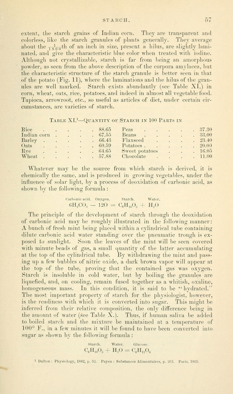 extent, the starch grains of Indian corn. They are transparent and colorless, like the starch granules of plants generally. They average about the 18100th of an inch in size, present a hilus, are slightly lami- nated, and give the characteristic blue color when treated with iodine. Although not crystallizable, starch is far from being an amorphous powder, as seen from the above description of the corpora amylacea, but the characteristic structure of the starch granule is better seen in that of the potato (Fig. 11), where the laminations and the hilus of the gran- ules are well marked. Starch exists abundantly (see Table XI.) in corn, wheat, oats, rice, potatoes, and indeed in almost all vegetable food. Tapioca, arrowroot, etc., so useful as articles of diet, under certain cir- cumstances, are varieties of starch. Table XI.1—Quantity of Starch in 100 Parts in Bice 88.65 Peas 37.30 Indian corn .... 67.55 Beans 33.00 Barley 66.43 Flaxseed .... 23.40 Oats 60.59 Potatoes 20.00 Bve 64.65 Sweet potatoes . . . 16.05 Wheat 57.88 Chocolate . . . .11.00 AVhatever may be the source from which starch is derived, it is chemically the same, and is produced in growing vegetables, under the influence of solar light, by a process of deoxidation of carbonic acid, as shown by the following formula : Carbonic acid. Oxygen. Starch. Water. 6H2C03 — 120 = C6H10O5 + H20 The principle of the development of starch through the deoxidation of carbonic acid may be roughly illustrated in the following manner: A bunch of fresh mint being placed within a cylindrical tube containing dilute carbonic acid water standing over the pneumatic trough is ex- posed to sunlight. Soon the leaves of the mint will be seen covered with minute beads of gas, a small quantity of the latter accumulating at the top of the cylindrical tube. By withdrawing the mint and pass- ing up a few bubbles of nitric oxide, a dark brown vapor will appear at the top of the tube, proving that the contained gas was oxygen. Starch is insoluble in cold water, but by boiling the granules are liquefied, and, on cooling, remain fused together as a whitish, oxaline, homogeneous mass. In this condition, it is said to be tkhydrated. The most important property of starch for the physiologist, however, is the readiness with which it is converted into sugar. This might be inferred from their relative composition, the only difference being in the amount of water (see Table X.). Thus, if human saliva lie added to boiled starch and the mixture be maintained at a temperature of 100° F., in a few minutes it will be found to have been converted into suo-ar as shown by the following formula : Starch. AVater. Glucose. C6H10O5 + H,0 = C6H1206 1 Dalton: Physiology, 18S2, p. 52. Payen: Substances Alimentaires, p. -265. P;uis, 1SG5.