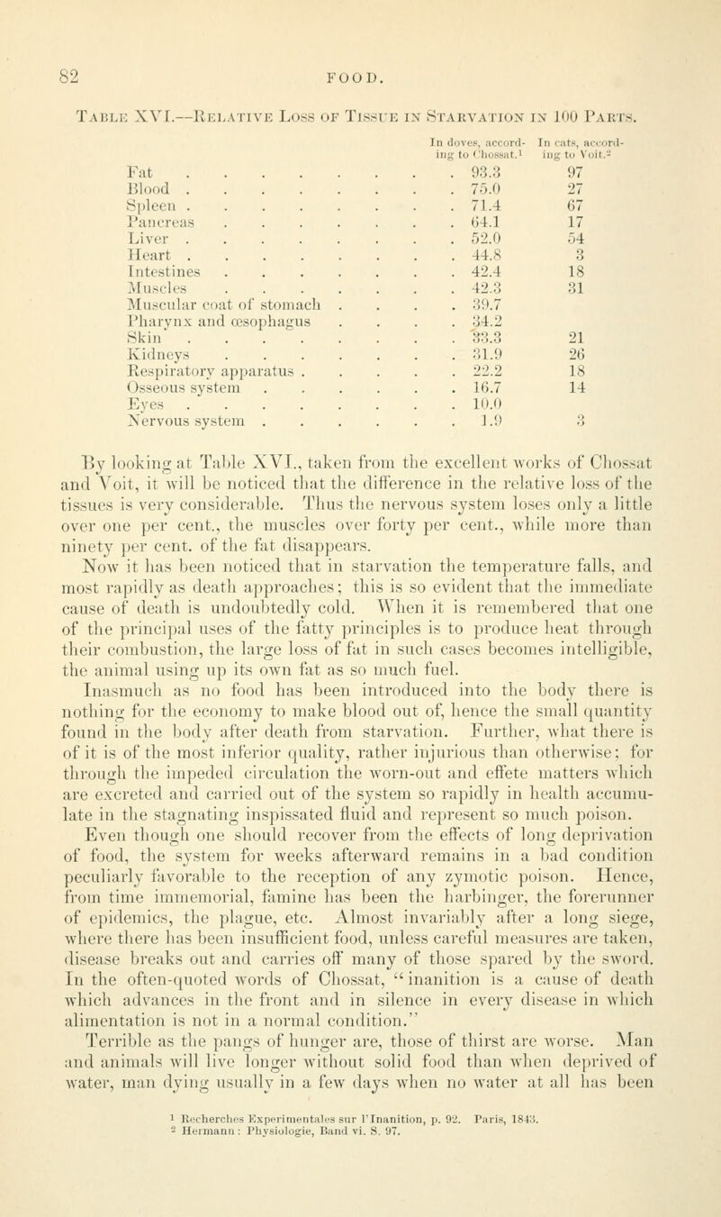 Table XVI.— Relative Loss ov Tissric in Starvation jx Joo Parts. In doves, accord- In < :ate, accord- ing to 'Ihossat.1 iug tci \'nil.- Fat .... Blood .... Spleen .... Pancreas Liver .... Heart .... Intestines Muscles Muscular coal of stomach Pharynx and oesophagus Skin .... Kidneys Respiratory apparatus . Osseous system Eyes .... Nervous system . 93.3 97 75.0 27 71.4 67 64.1 17 52.0 ..4 44.8 3 42.4 18 42.3 31 39.7 34.2 :;:;.:: 21 31.9 26 22.2 18 16.7 14 10.0 1.9 3 By looking at Table XVI., taken from the excellent works of Chossat and Voit, it will be noticed that the difference in the relative loss of the tissues is very considerable. Thus the nervous system loses only a little over one per cent., the muscles over forty per cent., while more than ninety per cent, of the fat disappears. Now it has been noticed that in starvation the temperature falls, and most rapidly as death approaches; this is so evident that the immediate cause of death is undoubtedly cold. When it is remembered that one of the principal uses of the fatty principles is to produce heat through their combustion, the large loss of fat in such cases becomes intelligible, the animal using up its own fat as so much fuel. Inasmuch as no food has been introduced into the body there is nothing for the economy to make blood out of, hence the small quantity found in the body after death from starvation. Further, what there is of it is of the most inferior quality, rather injurious than otherwise; for through the impeded circulation the worn-out and effete matters which are excreted and carried out of the system so rapidly in health accumu- late in the stagnating inspissated fluid and represent so much poison. Even though one should recover from the effects of long deprivation of food, the system for weeks afterward remains in a bad condition peculiarly favorable to the reception of any zymotic poison. Hence, from time immemorial, famine has been the harbinger, the forerunner of epidemics, the plague, etc. Almost invariably after a long siege, where there has been insufficient food, unless careful measures are taken, disease breaks out and carries off many of those spared by the sword. In the often-quoted words of Chossat,  inanition is a cause of death which advances in the front and in silence in every disease in which alimentation is not in a normal condition. Terrible as the pangs of hunger are, those of thirst are worse. Man and animals will live longer without solid food than when deprived of water, man dying usually in a few days when no water at all has been i Recherches Experimentales sur 1 Inanition, p. 92. 2 Hermann : Physiologic, Band vi. S. 97.