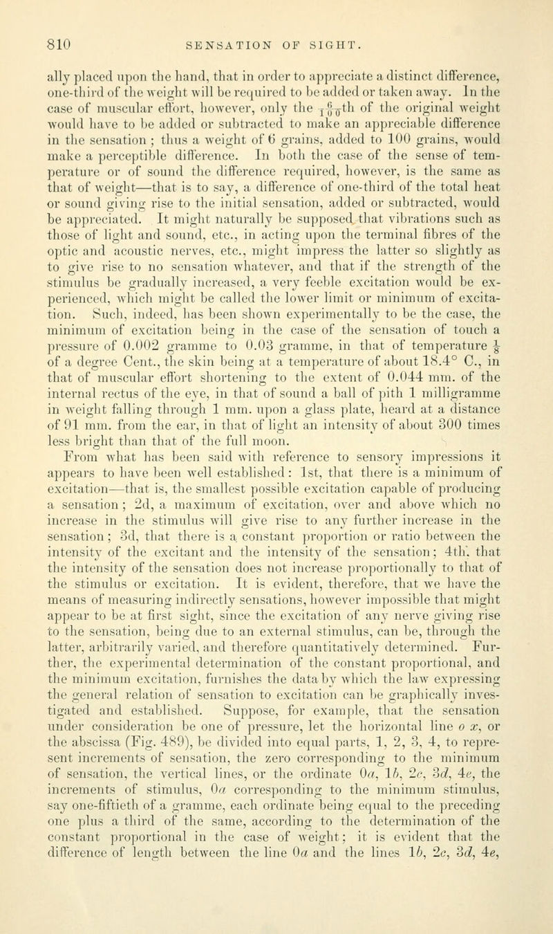 ally placed upon the hand, that in order to appreciate a distinct difference, one-third of the weight will be required to be added or taken away. In the case of muscular effort, however, only the j-<j~g-th of the original weight would have to be added or subtracted to make an appreciable difference in the sensation ; thus a weight of 6 grains, added to 100 grains, would make a perceptible difference. In both the case of the sense of tem- perature or of sound the difference required, however, is the same as that of weight—that is to say, a difference of one-third of the total heat or sound giving rise to the initial sensation, added or subtracted, would be appreciated. It might naturally be supposed that vibrations such as those of light and sound, etc., in acting upon the terminal fibres of the optic and acoustic nerves, etc., might impress the latter so slightly as to give rise to no sensation whatever, and that if the strength of the stimulus be gradually increased, a very feeble excitation would be ex- perienced, which might be called the lower limit or minimum of excita- tion. Such, indeed, has been shown experimentally to be the case, the minimum of excitation being in the case of the sensation of touch a pressure of 0.002 gramme to 0.03 gramme, in that of temperature J of a degree Cent., the skin being at a temperature of about 18.4° C, in that of muscular effort shortening to the extent of 0.044 mm. of the internal rectus of the eye, in that of sound a ball of pith 1 milligramme in weight falling through 1 mm. upon a glass plate, heard at a distance of 91 mm. from the ear, in that of light an intensity of about 300 times less bright than that of the full moon. From what has been said with reference to sensory impressions it appears to have been well established: 1st, that there is a minimum of excitation—that is, the smallest possible excitation capable of producing a sensation; 2d, a maximum of excitation, over and above which no increase in the stimulus will give rise to any further increase in the sensation; 3d, that there is a constant proportion or ratio between the intensity of the excitant and the intensity of the sensation; 4th. that the intensity of the sensation does not increase proportionally to that of the stimulus or excitation. It is evident, therefore, that we have the means of measuring indirectly sensations, however impossible that might appear to be at first sight, since the excitation of any nerve giving rise to the sensation, being due to an external stimulus, can be, through the latter, arbitrarily varied, and therefore quantitatively determined. Fur- ther, the experimental determination of the constant proportional, and the minimum excitation, furnishes the data by which the law expressing the general relation of sensation to excitation can be graphically inves- tigated and established. Suppose, for example, that the sensation under consideration be one of pressure, let the horizontal line o x, or the abscissa (Fig. 489), be divided into equal parts, 1, 2, 3, 4, to repre- sent increments of sensation, the zero corresponding to the minimum of sensation, the vertical lines, or the ordinate 0«, 1ft, 2c, 3d, 4e, the increments of stimulus, 0« corresponding to the minimum stimulus, say one-fiftieth of a gramme, each ordinate being equal to the preceding- one plus a third of the same, according to the determination of the constant proportional in the case of weight; it is evident that the difference of length between the line 0a and the lines 16, 2c, 2>d, 4e,