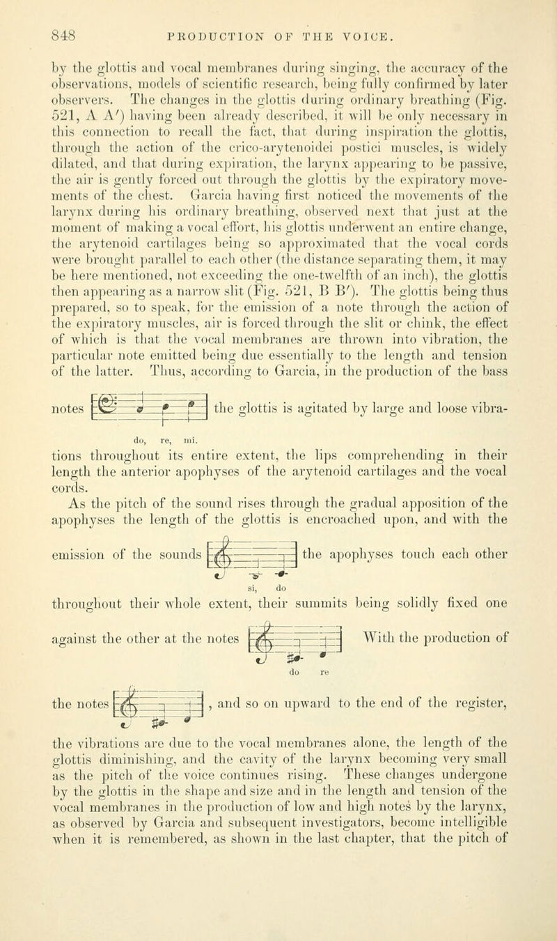 by the glottis and vocal membranes during singing, the accuracy of the observations, models of scientific research, being fully confirmed by later observers. The changes in the glottis during ordinary breathing (Fig. 521, A A') having been already described, it will be only necessary in this connection to recall the fact, that during inspiration the glottis, through the action of the crico-arytenoidei postici muscles, is widely dilated, and that during expiration, the larynx appearing to be passive, the air is gently forced out through the glottis by the expiratory move- ments of the chest. Garcia having first noticed the movements of the larynx during his ordinary breathing, observed next that just at the moment of making a vocal effort, his glottis underwent an entire change, the arytenoid cartilages being so approximated that the vocal cords were brought parallel to each other (the distance separating them, it may be here mentioned, not exceeding the one-twelfth of an inch), the glottis then appearing as a narrow slit (Fig. 521, B Br). The glottis being thus prepared, so to speak, for the emission of a note through the action of the expiratory muscles, air is forced through the slit or chink, the effect of which is that the vocal membranes are thrown into vibration, the particular note emitted being due essentially to the length and tension of the latter. Thus, according to Garcia, in the production of the bass =t notes rK±?—^- the glottis is agitated by large and loose vibra- tions throughout its entire extent, the lips comprehending in their length the anterior apophyses of the arytenoid cartilages and the vocal cords. As the pitch of the sound rises through the gradual apposition of the apophyses the length of the glottis is encroached upon, and with the emission of the sounds Fpszz =zd the apophyses touch each other throughout their whole extent, their summits being solidly fixed one against the other at the notes Efifc |~~~F~ With the production of the notes pffiy ~1 |j > an(^ so on uPwal'd to the end of the register, the vibrations are due to the vocal membranes alone, the length of the glottis diminishing, and the cavity of the larynx becoming very small as the pitch of the voice continues rising. These changes undergone by the glottis in the shape and size and in the length and tension of the vocal membranes in the production of low and high notes by the larynx, as observed by Garcia and subsequent investigators, become intelligible when it is remembered, as shown in the last chapter, that the pitch of