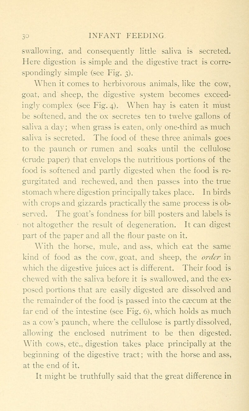 swallowing, and consequently little saliva is secreted. Here digestion is simple and the digestive tract is corre- spondingly simple (see Fig. 3). When it comes to herbivorous animals, like the cow, goat, and sheep, the digestive system becomes exceed- ingly complex (see Fig. 4). Wlien ha}' is eaten it must be softened, and the ox secretes ten to twelve gallons of saliva a day; when grass is eaten, onh' one-third as much saliva is secreted. The food of these three animals goes to the paunch or rumen and soaks until the cellulose (crude paper) that envelops the nutritious portions of the food is softened and partly digested when the food is re- gurgitated and rechewed, and then passes into the true stomach where digestion principall}^ takes place. In birds with crops and gizzards practically the same process is ob- served. The goat's fondness for bill posters and labels is not altogether the result of degeneration. It can digest part of the paper and all the flour paste on it. With the horse, mule, and ass, which eat the same kind of food as the cow, goat, and sheep, the order in which the digestive juices act is different. Their food is chev\-ed with the saliva before it is swallowed, and the ex- posed portions that are easily digested are dissolved and the remainder of the food is passed into the csecum at the far end of the intestine (see Fig. 6), which holds as much as a cow's paunch, where the cellulose is partly dissolved, allowing the enclosed nutriment to be then digested. With cows, etc., digestion takes place principally at the beginning of the digestive tract; with the horse and ass, at the end of it. It might be truthfully said that the great difference in