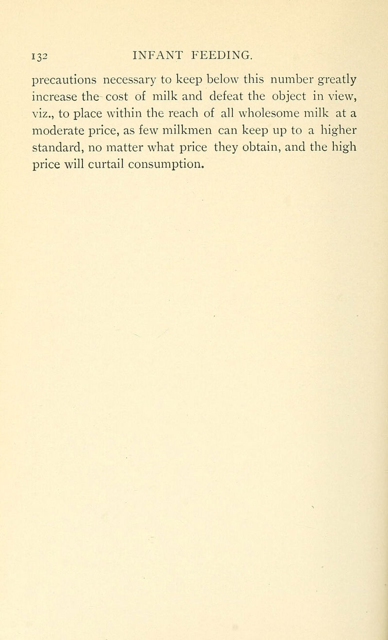 precautions necessary to keep below this number greatly increase the cost of milk and defeat the object in view, viz., to place within the reach of all wholesome milk at a moderate price, as few milkmen can keep up to a higher standard, no matter what price they obtain, and the high price will curtail consumption.