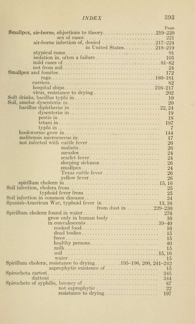 Page Smallpox, air-borne, objections to theory 219-220 sex of cases 221 air-borne infection of, denied 217-224 in United States 218-219 atypical cases 91 isolation in, often a failure 105 mild cases of 81-82 not from soil 24 Smallpox and fomites 172 rags 180-181 carriers 82 hospital ships 216-217 virus, resistance to drying 202 Soft drinks, bacillus tjphi in 10 Soil, ameba; dj-sentoria' in 20 bacillus diphtherite in 22, 24 dysenteriaj in 19 pestis in 18 tetani in 197 typhi in 7 hookworms grow in 144 melitensis micrococcus in-. 17 not infected with cattle fever 26 malaria 26 measles 24 scarlet fever 24 sleeping sickness 26 smallpox 24 Texas cattle fever 26 yellow fever 26 spirillum cholera? in 15, 16 Soil infection, cholera from 25 typhoid fever from 25 Soil infection in common diseases 24 Spanish-American War, typhoid fever in 13, 38 from dust in 229-230 Spirillum cholera? found in water 276 grow only in human body 16 in convalescents 39-40 cooked food 16 dead bodies 15 feces 15 healthy persons 40 milk 15 soil 15,16 water 15 Spirillum cholera^, resistance to drying 195-196, 200, 241-242 saprophytic existence of 15 Spirocheta carteri 345 duttoni 344 Spirochete of syphilis, latency of 87 not saprophytic 22 resistance to drying 197
