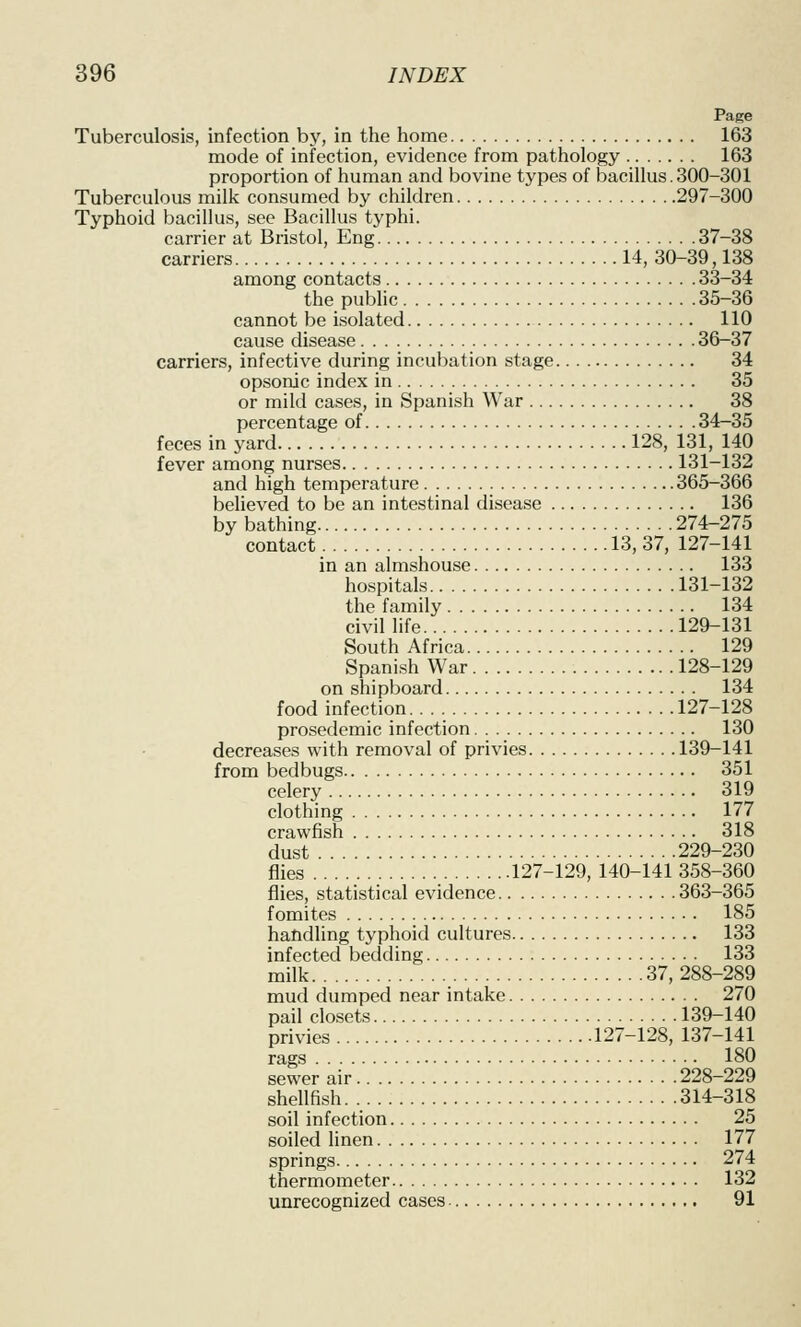 Page Tuberculosis, infection by, in the home 163 mode of infection, evidence from pathology 163 proportion of human and bovine types of bacillus. 300-301 Tuberculous milk consumed by children 297-300 Typhoid bacillus, see Bacillus typhi. carrier at Bristol, Eng 37-38 carriers 14, 30-39,138 among contacts 33-34 the public 35-36 cannot be isolated 110 cause disease 36-37 carriers, infective during incubation stage 34 opsonic index in 35 or mild cases, in Spanish War 38 percentage of 34-35 feces in yard 128, 131, 140 fever among nurses 131-132 and high temperature 365-366 believed to be an intestinal disease 136 by bathing 274-275 contact 13, 37, 127-141 in an almshouse 133 hospitals 131-132 the family 134 civillife 129-131 South Africa 129 Spanish War 128-129 on shipboard 134 food infection. 127-128 prosedemic infection 130 decreases with removal of privies 139-141 from bedbugs 351 celery 319 clothing 177 crawfish 318 dust 229-230 flies 127-129, 140-141 358-360 flies, statistical evidence 363-365 fomites 185 handling typhoid cultures 133 infected bedding 133 milk 37, 288-289 mud dumped near intake 270 pail closets 139-140 privies 127-128, 137-141 rags 180 sewer air 228-229 shellfish. 314-318 soil infection 25 soiled linen 177 springs 274 thermometer 132 unrecognized cases 91