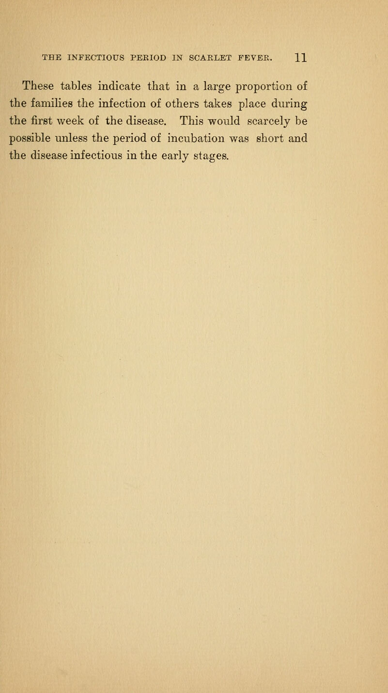 These tables indicate that in a large proportion of the families the infection of others takes place during the first week of the disease. This would scarcely be possible unless the period of incubation was short and the disease infectious in the early stages.