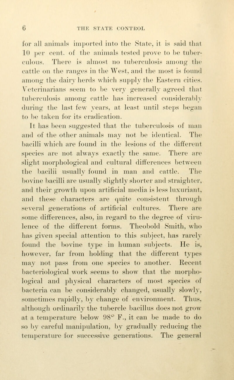 for all animals imported into the State, it is said that 10 per cent, of the animals tested ])rove to he tuher- ciilons. There is ahnost no tnherculosis among the eattle on the ranges in the West, and the most is found among the dairy herds which sn])ply the Eastern cities. Veterinarians seem to he very generally agreed that tuberculosis among cattle has increased considei'ahly during the last few years, at least until steps began to be taken for its eradication. It has been suggested that the tuberculosis of man and of the other animals may not be identical. The bacilli which are found in the lesions of the different species are not always exactly the same. There are slight morphological and cultural differences between the bacilli usually found in man and cattle. The bovine bacilli are usually slightly shorter and straighter, and their growth upon artificial media is less luxuriant, and these characters are quite consistent through several generations of artificial cultures. There are some differences, also, in regard to the degree of viru- lence of the different forms. Theobold Smith, who has given special attention to this subject, has rarely found the bovine type in human subjects. He is, however, far from holding that the different types may not pass from one species to another. Recent bacteriological work seems to show that the morpho- logical and physical characters of most species of bacteria can be considerably changed, usually slowly, sometimes raj^idly, by change of environment. Thus, although ordinarily the tubercle bacillus does not grow at a temperature below 98*^ F., it can be made to do so by careful manipulation, hy gradually reducing the temperature for successive generations. The general