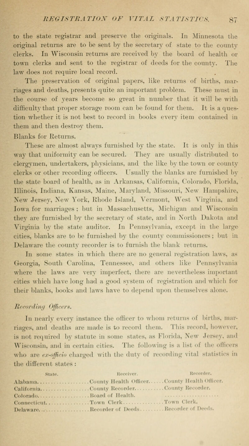 to the state registrar and preserve the originals. In Minnesota the original returns are to be sent by the secretary of state to the comity clerks. In Wisconsin returns are received by the board of health or town clerks and sent to the registrar of deeds for the county. The law does not require local record. The preservation of original papers, like returns of births, mar- riages and deaths, presents quite an important problem. These must in the course of years become so great in number that it will be with difficulty that proper storage room can be found for them. It is a ques- tion whether it is not best to record in books every item contained in them and then destroy them. Blanks for Returns. These are almost always furnished by the state. It is only in this way that uniformity can be secured. They are usually distributed to clergymen, undertakers, physicians, and the like by the town or county clerks or other recording officers. Usually the blanks are furnished by the state board of health, as in Arkansas. California, Colorado. Florida, Illinois, Indiana, Kansas, Maine, Maryland, Missouri. New Hampshire, New Jersey, New- York, Rhode island, Vermont, West Virginia, and low a for marriages ; but in Massachusetts, Michigan and Wisconsin they are furnished by the secretary of state, and in North Dakota and Virginia by the state auditor. In Pennsylvania, except in the Large cities, blanks are to be furnished by the county commissioners; but in Delaware the county recorder is to furnish the blank returns. In some states in which there are no general registration laws, as Georgia, South Carolina, Tennessee, and others like Pennsylvania where the laws are very imperfect, there are nevertheless importanl cities which have long had a good system of registration and which tor their blanks, books and laws have to depend upon themselves alone. I!, cording Officers. In nearly every instance the officer to whom returns of births, mar- riages, and deaths are made is to record them. This record, however, is not required by statute in si ■ states, as Florida, New Jersey, and Wisconsin, and in certain cities. The following is a list of the officers who are ex-officio charged with the duty of recording vital statistics in the different states : State. Receiver, Recorder. Alabama Counts Sealtb ((fficer. < ountj Health Offl California County Recorder... Countj Recorder. Colorad Board of Bealth. Connecticut Town Clerk Town Clerk, Delaware Recorderof Deeds Recorder of Deeds.