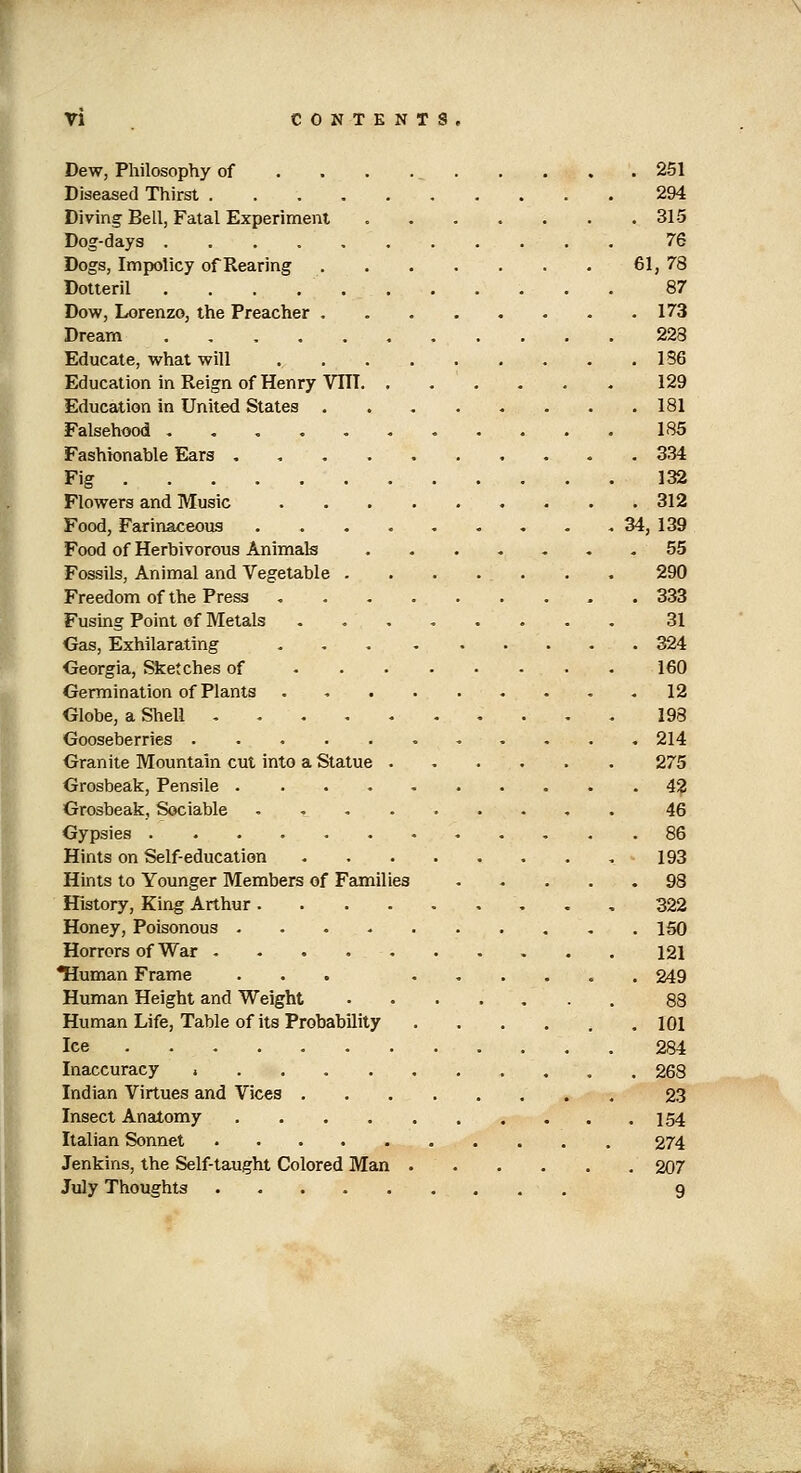 Dew, Philosophy of , . . 251 Diseased Thirst 294 Diving Bell, Fatal Experiment ....... 315 Dog-days 76 Dogs, Impolicy of Rearing 61, 78 Dotteril 87 Dow, Lorenzo, the Preacher 173 Dream 223 Educate, what will 1S6 Education in Reign of Henry Vni 129 Education in United States 181 Falsehood 185 Fashionable Ears 334 Fig 132 Flowers and Music 312 Food, Farinaceous 34, 139 Food of Herbivorous Animals 55 Fossils, Animal and Vegetable . . . . . . . 290 Freedom of the Press . 333 Fusing Point of Metals ........ 31 Gas, Exhilarating 324 Georgia, Sketches of 160 Germination of Plants 12 Globe, a Shell 198 Gooseberries 214 Granite Mountain cut into a Statue 275 Grosbeak, Pensile 42 Grosbeak, Sociable . 46 Gypsies 86 Hints on Self-education 193 Hints to Younger Members of Families 98 History, King Arthur 322 Honey, Poisonous 150 Horrors of War 121 ^uman Frame ... 249 Human Height and Weight 88 Human Life, Table of its Probability ...... 101 Ice .... . 284 Inaccuracy , 268 Indian Virtues and Vices 23 Insect Anatomy 154 Italian Sonnet 274 Jenkins, the Self-taught Colored Man 207 July Thoughts 9