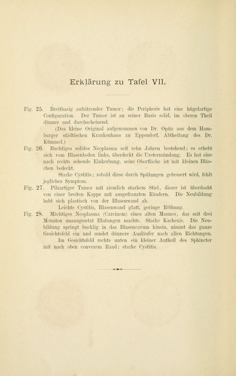 Fig. 25. Broitbasig anisitzoiuicr Tiunnr: dir' IVriiihciic Ii;i1 eine liüiivlartiü'o Config-uration. Der Tumor ist an seiner Basis suli«!. im nheren Tlicil dünner und durchsclieinend. (Das kleine Original aufgenommen von Dr. Opitz aus dem llam- hiirgor städtischen Krankenhaus zu Kppi'ndnrf, Al)11ii'ilung' des Dr. Künnnel.) Fig. 26. Buchtiges solides Neoplasma seit zehn Jahren bestehend; es erhebt sich vom Blasenboden links, überdeckt die Uretermündung. Es hat eine nach rechts sehende Einkerbung, seine Obei-fläche ist mit kleinen Bläs- chen bedeckt. Starke Cystitis; sobald diese durch Spülungen gebessert wird, fehlt jegliches Symptom. Fig. 27. Pilzartiger Tumor mit ziemlieh starkem Stiel, dieser ist überdacht von einer breiten Kappe mit ausgefi-anzten Eändern. Die Neubildung hebt sich plastiscli von der Blasenwand ab. Leichte Cystitis, Blasenwand glatt, geringe Eöthimg. Fig. 28. Mächtiges Neoplasma (C'arcinom) eines alten Mannes, das seit drei Monaten unausgesetzt Blutungen machte. Starke Kachexie. Die Neu- bildung sprmgi; bucklig in das Blasencavum hinein, nimmt das ganze C4esichtsfeld ein und sendet dünnere Ausläufer nach allen Eichtungen. Im Gesichtsfeld rechts unten ein kleiner Antheil des Sphinctei' mit nach oben convexem Eand; starke Cystitis.