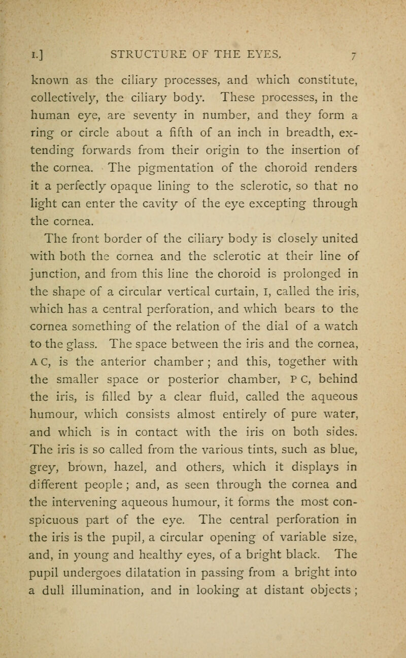 known as the ciliary processes, and which constitute, collectively, the ciliary body. These processes, in the human eye, are seventy in number, and they form a ring- or circle about a fifth of an inch in breadth, ex- tending forwards from their origin to the insertion of the cornea. The pigmentation of the choroid renders it a perfectly opaque lining to the sclerotic, so that no light can enter the cavity of the eye excepting through the cornea. The front border of the ciliary body is closely united with both the cornea and the sclerotic at their line of junction, and from this line the choroid is prolonged in the shape of a circular vertical curtain, I, called the iris, which has a central perforation, and which bears to the cornea something of the relation of the dial of a watch to the glass. The space between the iris and the cornea, A C, is the anterior chamber ; and this, together with the smaller space or posterior chamber, P C, behind the iris, is filled by a clear fluid, called the aqueous humour, v/hich consists almost entirely of pure water, and which is in contact with the iris on both sides. The iris is so called from the various tints, such as blue, grey, brown, hazel, and others, which it displays in different people ; and, as seen through the cornea and the intervening aqueous humour, it forms the most con- spicuous part of the eye. The central perforation in the iris is the pupil, a circular opening of variable size, and, in young and healthy eyes, of a bright black. The pupil undergoes dilatation in passing from a bright into a dull illumination, and in looking at distant objects ;