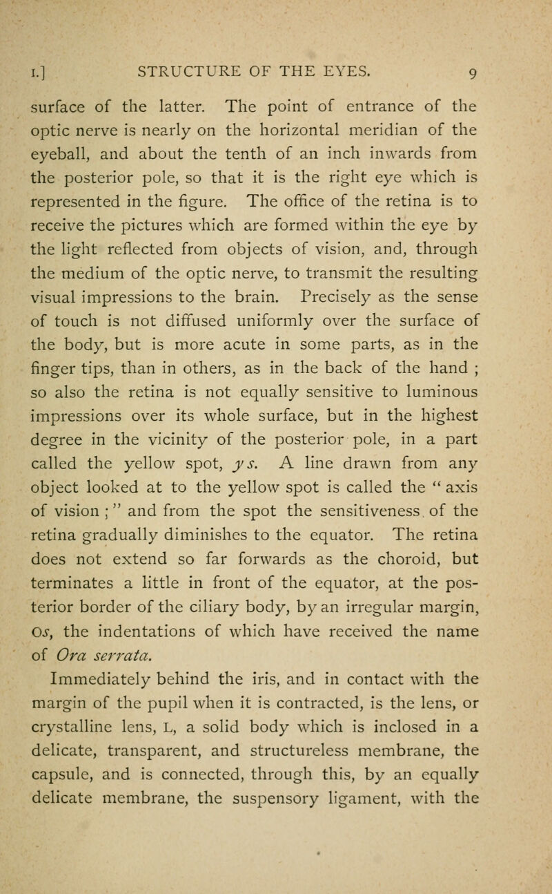 surface of the latter. The point of entrance of the optic nerve is nearly on the horizontal meridian of the eyeball, and about the tenth of an inch inwards from the posterior pole, so that it is the right eye which is represented in the figure. The office of the retina is to receive the pictures which are formed within the eye by the light reflected from objects of vision, and, through the medium of the optic nerve, to transmit the resulting visual impressions to the brain. Precisely as the sense of touch is not diffused uniformly over the surface of the body, but is more acute in some parts, as in the finger tips, than in others, as in the back of the hand ; so also the retina is not equally sensitive to luminous impressions over its whole surface, but in the highest degree in the vicinity of the posterior pole, in a part called the yellow spot, f s. A line drawn from any object looked at to the yellow spot is called the  axis of vision ; and from the spot the sensitiveness of the retina gradually diminishes to the equator. The retina does not extend so far forwards as the choroid, but terminates a little in front of the equator, at the pos- terior border of the ciliary body, by an irregular margin, OS, the indentations of which have received the name of Ora serrata. Immediately behind the iris, and in contact with the margin of the pupil when it is contracted, is the lens, or crystalline lens, L, a solid body which is inclosed in a delicate, transparent, and structureless membrane, the capsule, and is connected, through this, by an equally delicate membrane, the suspensory ligament, with the