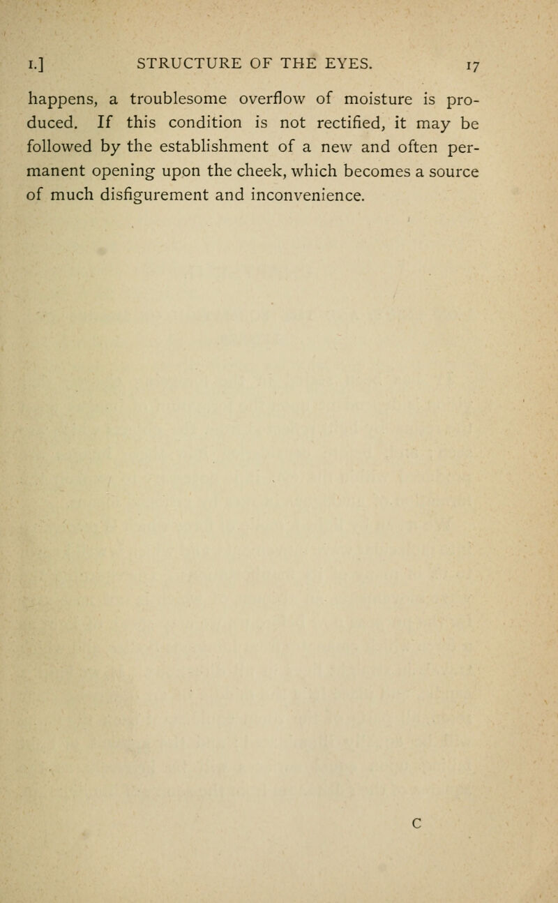 happens, a troublesome overflow of moisture is pro- duced. If this condition is not rectified, it may be followed by the establishment of a new and often per- manent opening upon the cheek, which becomes a source of much disfigurement and inconvenience.