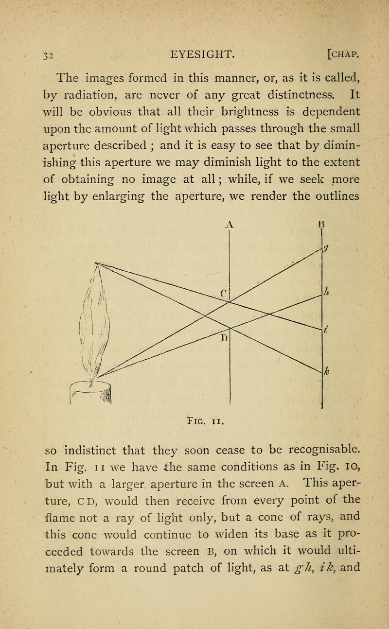 The images formed in this manner, or, as it is called, by radiation, are never of any great distinctness. It will be obvious that all their brightness is dependent upon the amount of light which passes through the small aperture described ; and it is easy to see that by dimin- ishing this aperture we may diminish light to the extent of obtaining no image at all; while, if we seek more light by enlarging the aperture, we render the outlines Fig. II. so indistinct that they soon cease to be recognisable. In Fig. II we have the same conditions as in Fig. IQ, but with a larger aperture in the screen A. This aper- ture, CD, would then receive from every point of the flame not a ray of light only, but a cone of rays, and this cone would continue to widen its base as it pro- ceeded towards the screen B, on which it would ulti- mately form a round patch of light, as at gh, ik, and