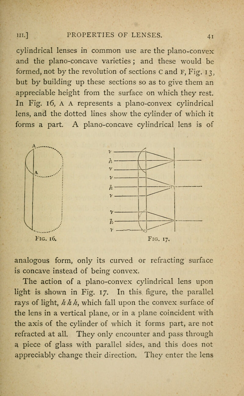 cylindrical lenses in common use are the plano-convex and the plano-concave varieties ; and these would be formed, not by the revolution of sections C and F, Fig. 13, but by building up these sections so as to give them an appreciable height from the surface on which they rest. In Fig. 16, A A represents a plano-convex cylindrical lens, and the dotted lines show the cylinder of which it forms a part. A plano-concave cylindrical lens is of n — V . V Ji V r' -^^j k ^^^ ^ ^^^^ Y i. ^-^ Fig. 16. Fig. 17. analogous form, only its curved or refracting surface is concave instead of being convex. The action of a plano-convex cylindrical lens upon light is shown in Fig. 17. In this figure, the parallel rays of light, h h h, which fall upon the convex surface of the lens in a vertical plane, or in a plane coincident with the axis of the cylinder of which it forms part, are not refracted at all. They only encounter and pass through a piece of glass with parallel sides, and this does not appreciably change their direction. They enter the lens