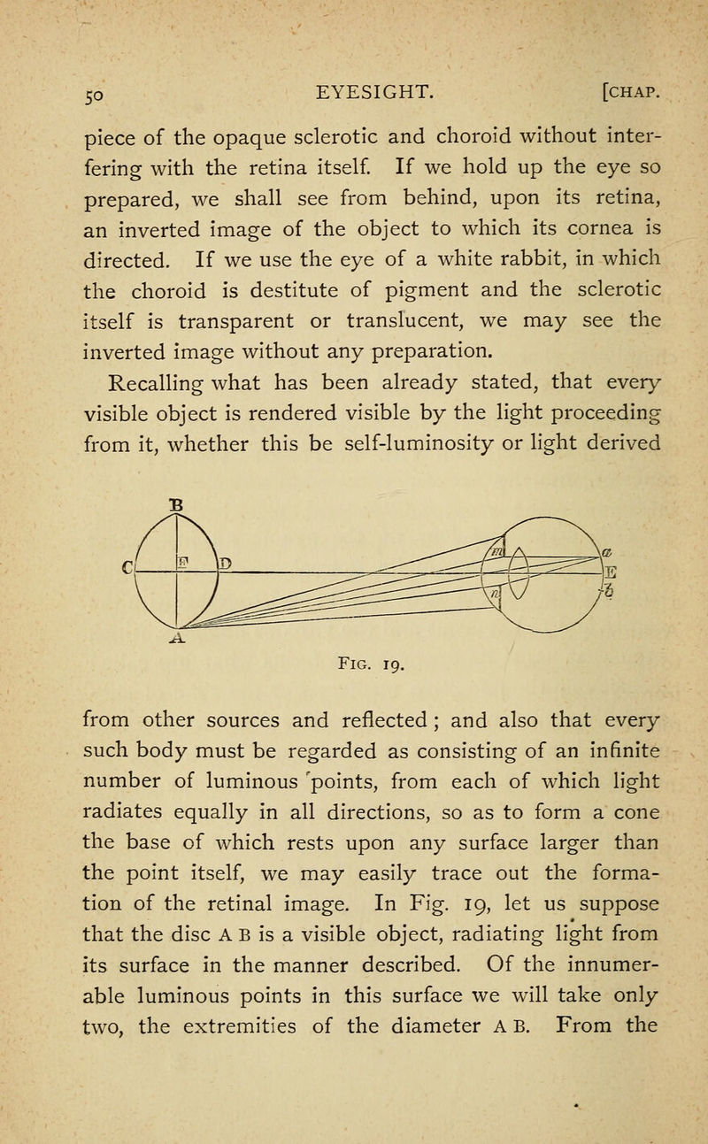 so piece of the opaque sclerotic and choroid without inter- fering with the retina itself If we hold up the eye so prepared, we shall see from behind, upon its retina, an inverted image of the object to which its cornea is directed. If we use the eye of a white rabbit, in which the choroid is destitute of pigment and the sclerotic itself is transparent or translucent, we may see the inverted image without any preparation. Recalling what has been already stated, that every visible object is rendered visible by the light proceeding from it, whether this be self-luminosity or light derived Fig. 19. from other sources and reflected ; and also that every such body must be regarded as consisting of an infinite number of luminous 'points, from each of which light radiates equally in all directions, so as to form a cone the base of which rests upon any surface larger than the point itself, we may easily trace out the forma- tion of the retinal image. In Fig. 19, let us suppose that the disc A B is a visible object, radiating light from its surface in the manner described. Of the innumer- able luminous points in this surface we will take only two, the extremities of the diameter A B. From the